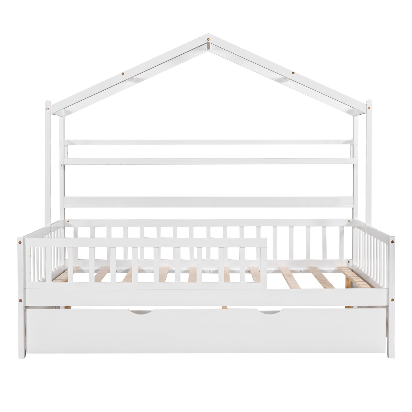 Wooden Full Size House Bed with Twin Size Trundle,Kids Bed with Shelf