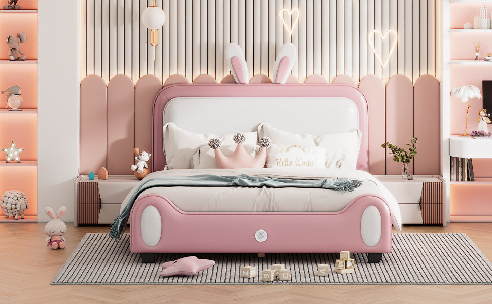 Full size Upholstered Rabbit-Shape Princess Bed ,Full Size Platform Bed with Headboard and Footboard