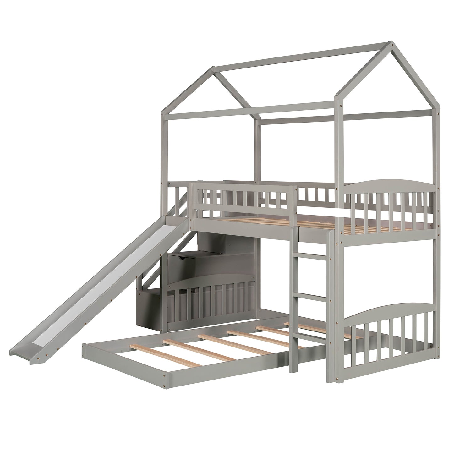 Twin Over Twin Bunk Bed with Two Drawers and Slide, House Bed with Slide