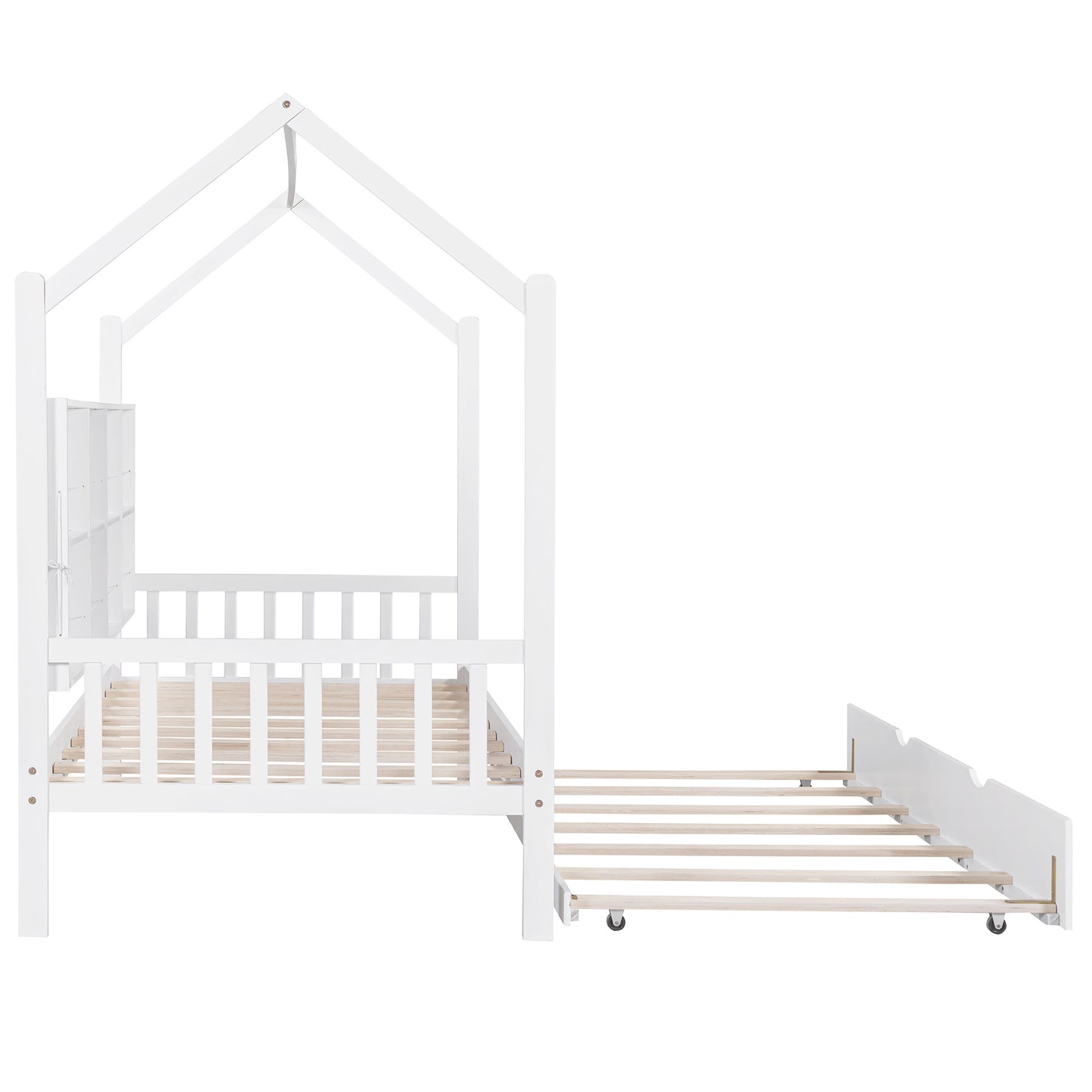 Wooden Twin Size House Bed with Trundle,Kids Bed with Shelf