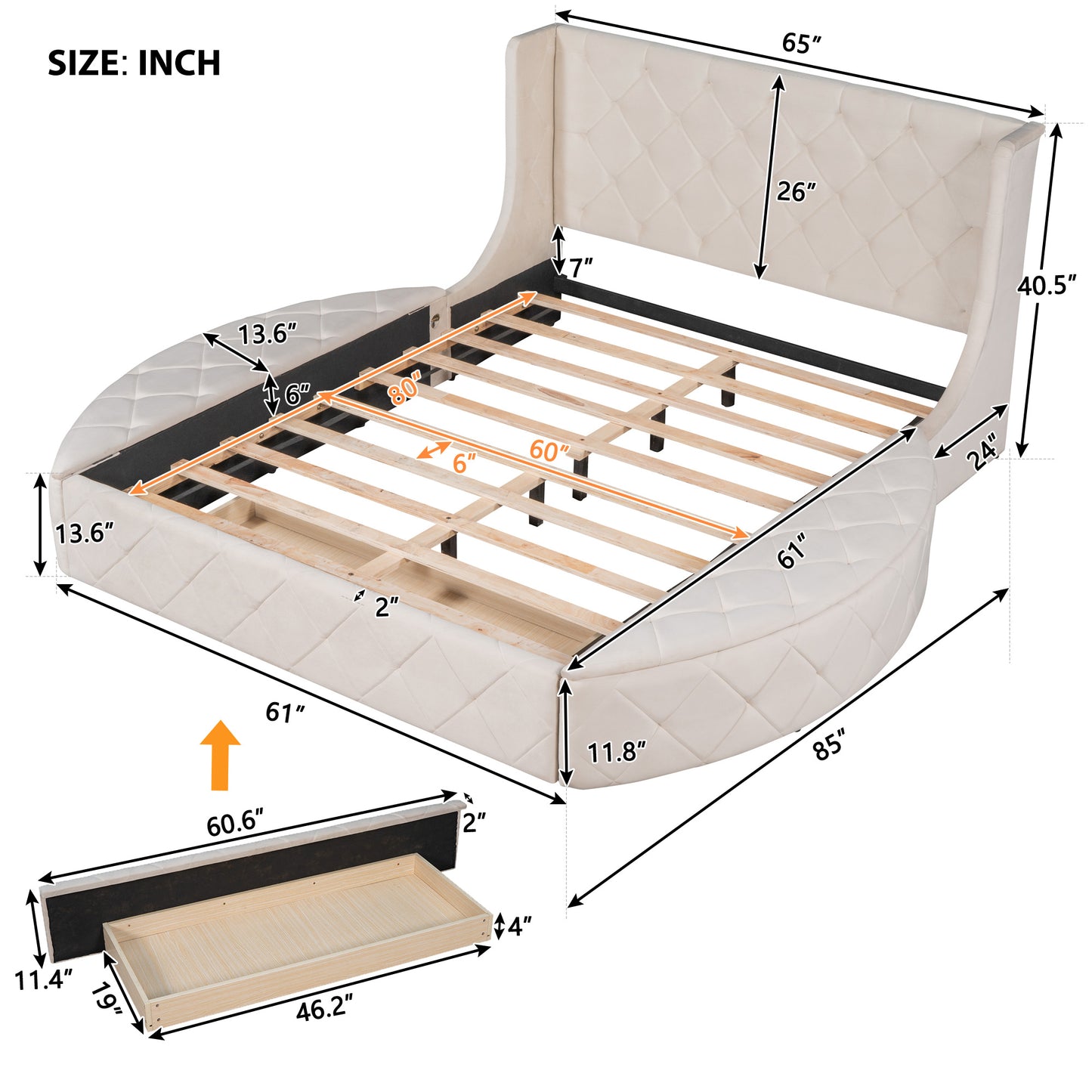 Upholstered Platform Bed Queen Size Storage Velvet Bed with Wingback Headboard and 1 Big Drawer; 2 Side Storage Stool