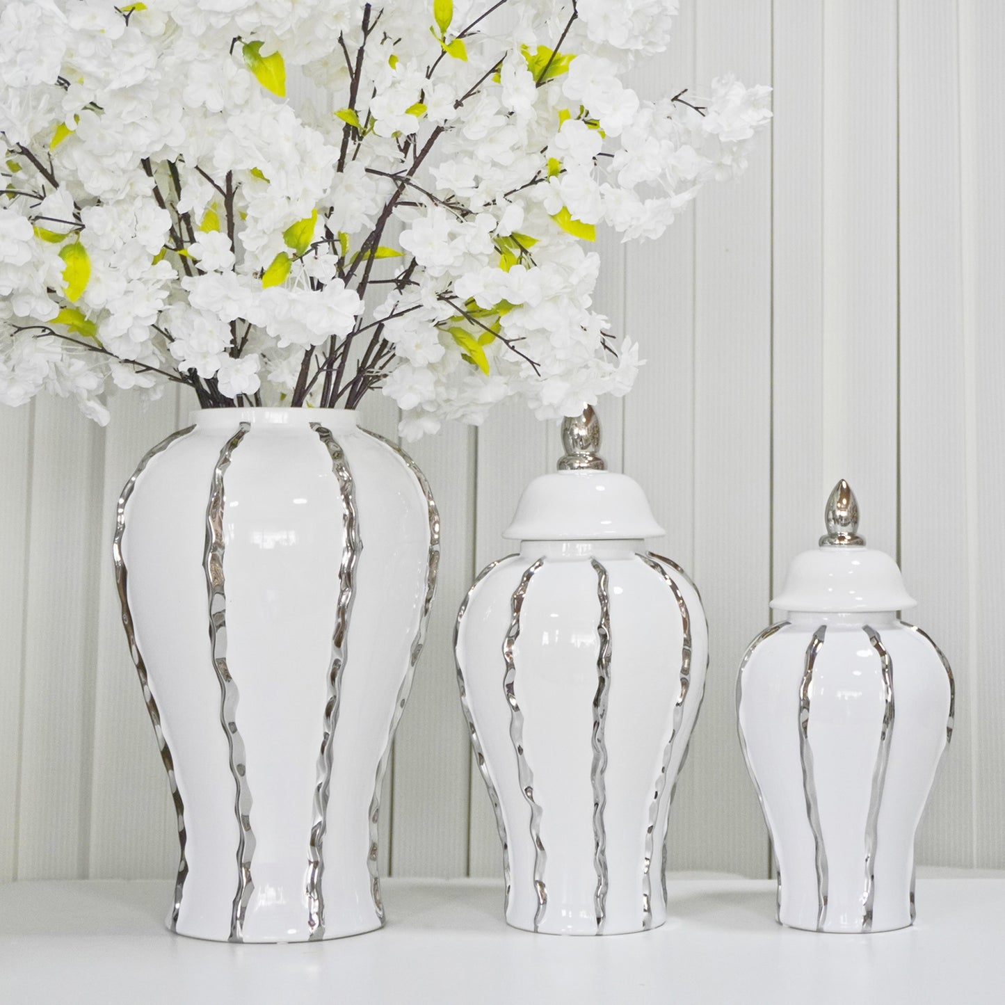 White Ginger Jar with Silver Ornament