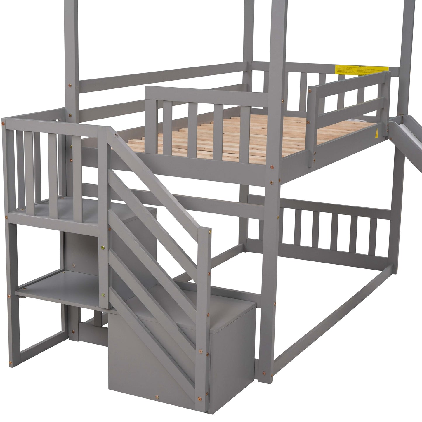 Twin over Twin House Bunk Bed with Convertible Slide; Storage Staircase