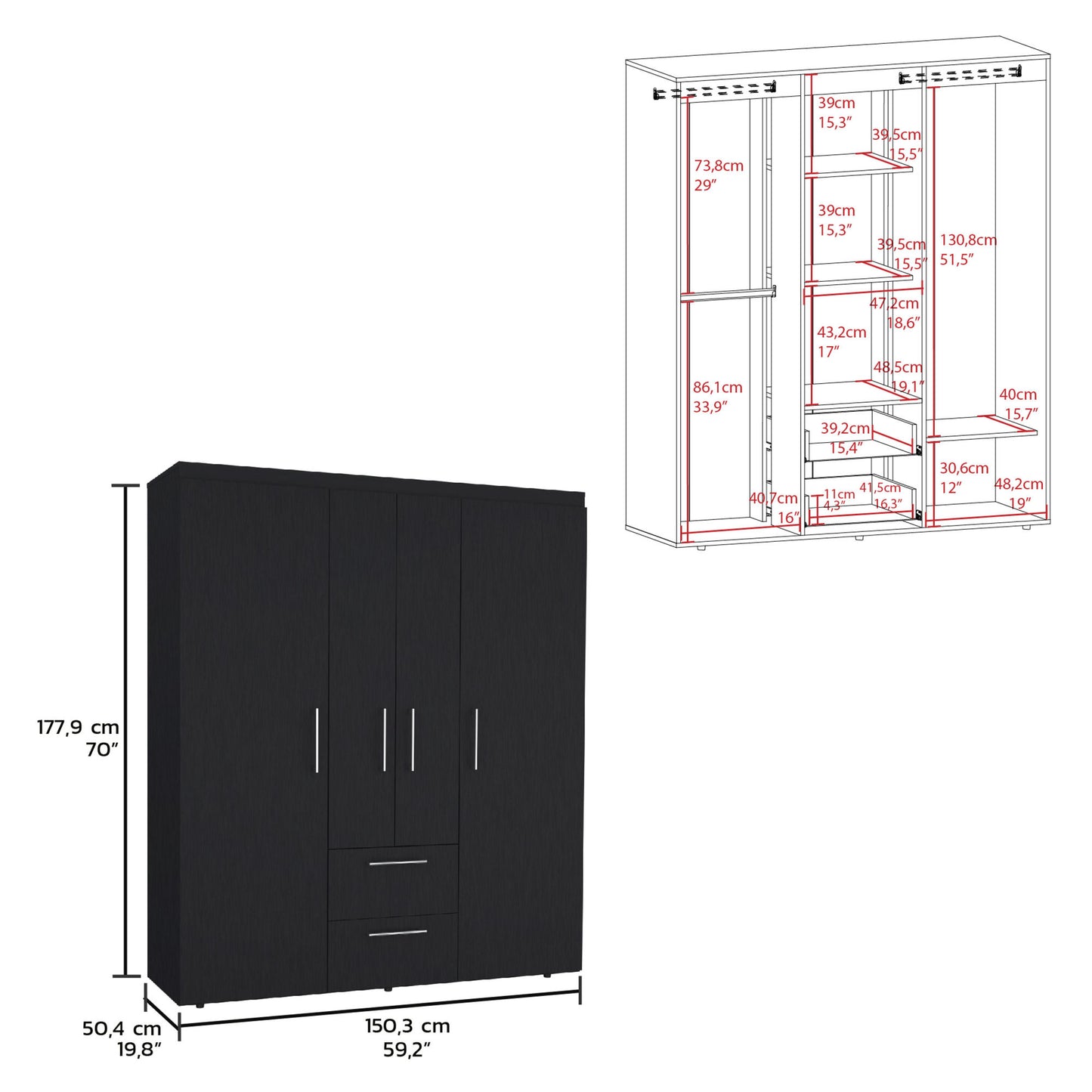 Bariloche Wardrobe with Hanging Rods, Shelves, and 2 Drawers