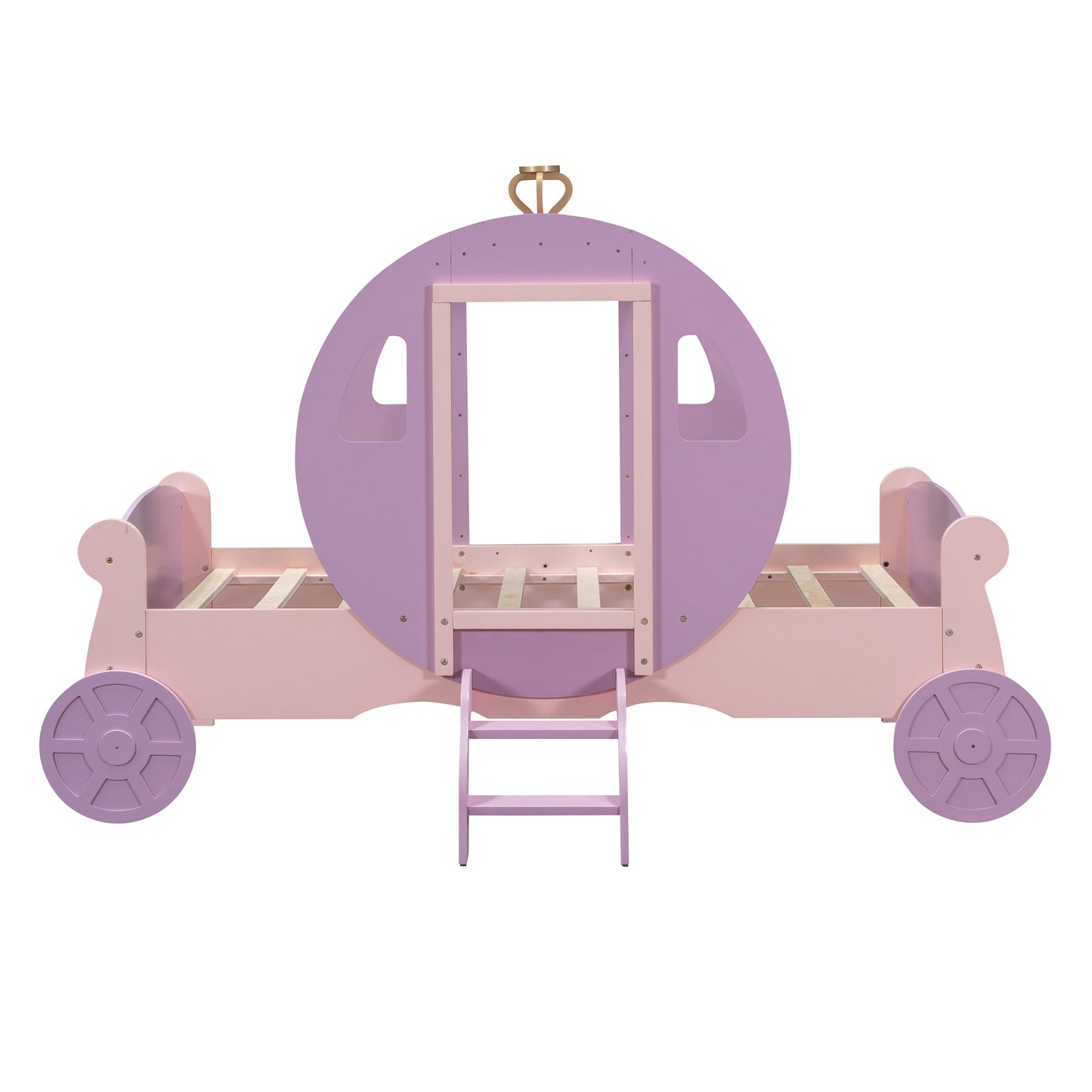 Twin size Princess Carriage Bed with Crown,Wood Platform Car Bed with Stair,Purple+Pink