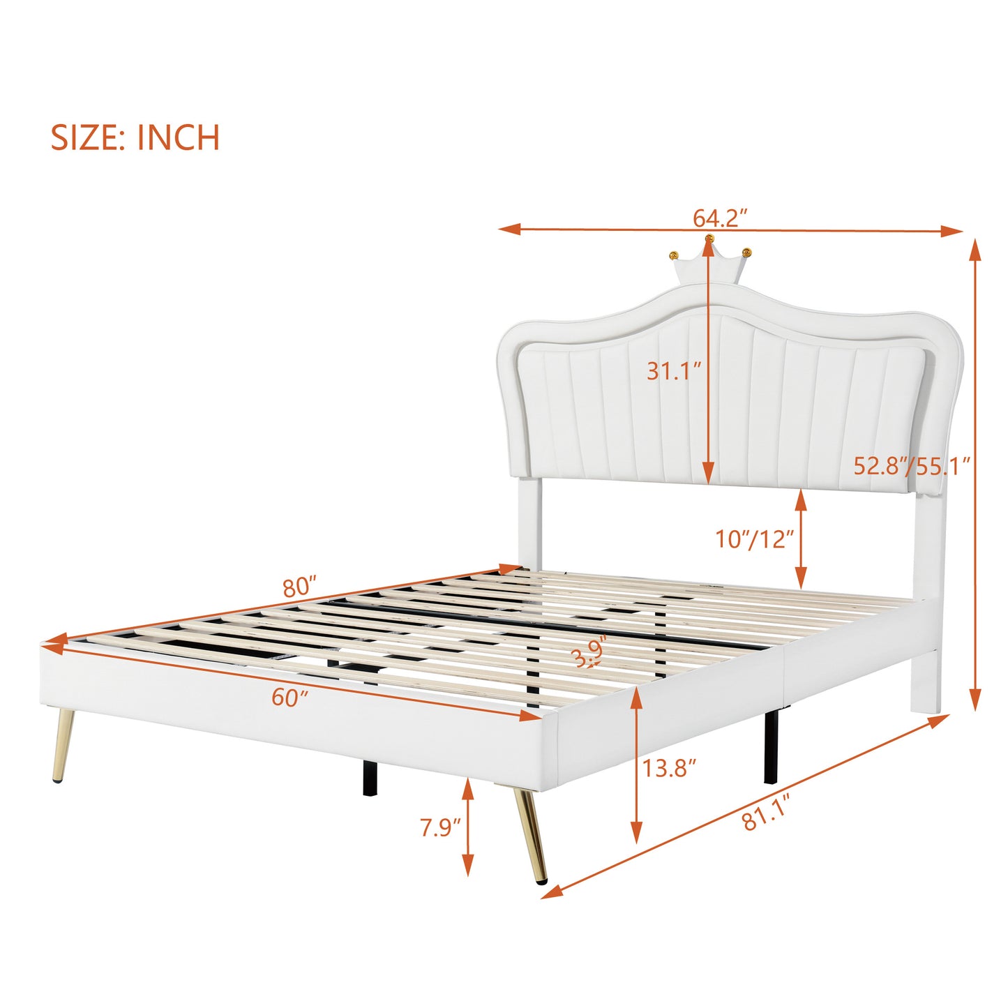 Queen Size Upholstered Bed Frame with LED Lights,Modern Upholstered Princess Bed With Crown Headboard,White