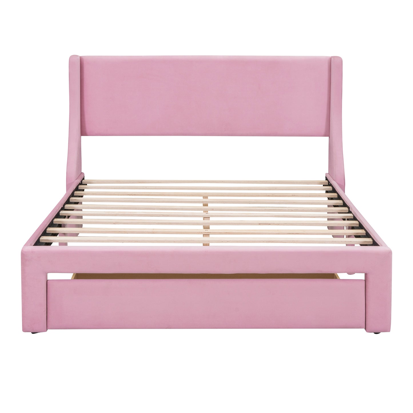 Queen Size Storage Bed Velvet Upholstered Platform Bed with a Big Drawer - Pink