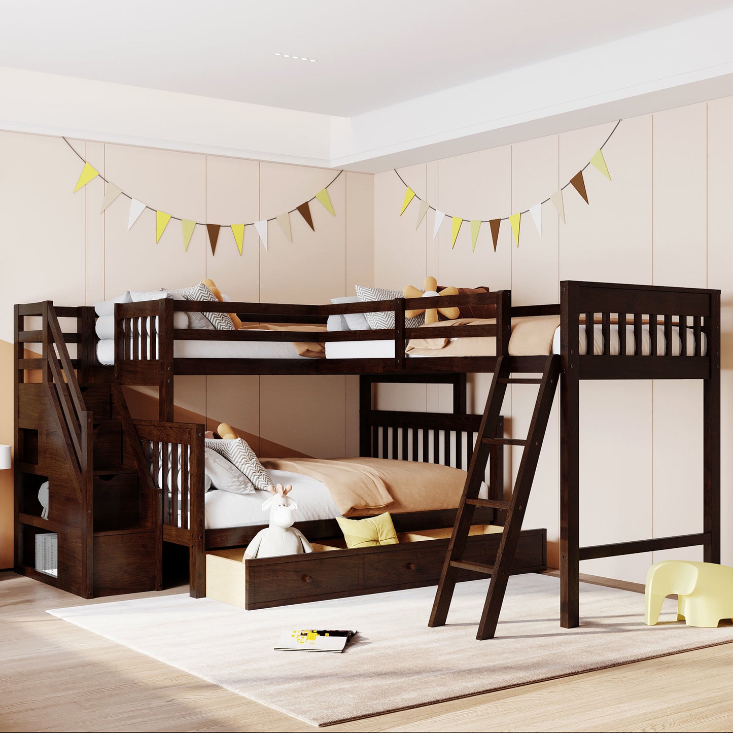 Twin over Full L-Shaped Bunk Bed With 3 Drawers, Ladder and Staircase