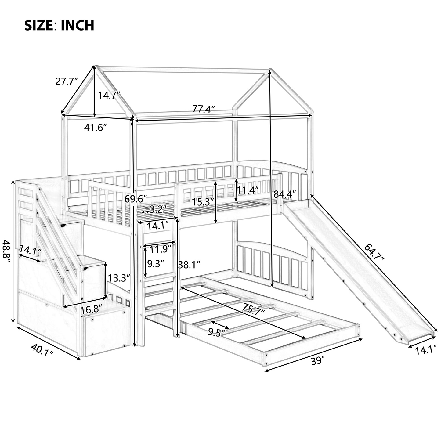 Twin Over Twin Bunk Bed with Two Drawers and Slide, House Bed with Slide