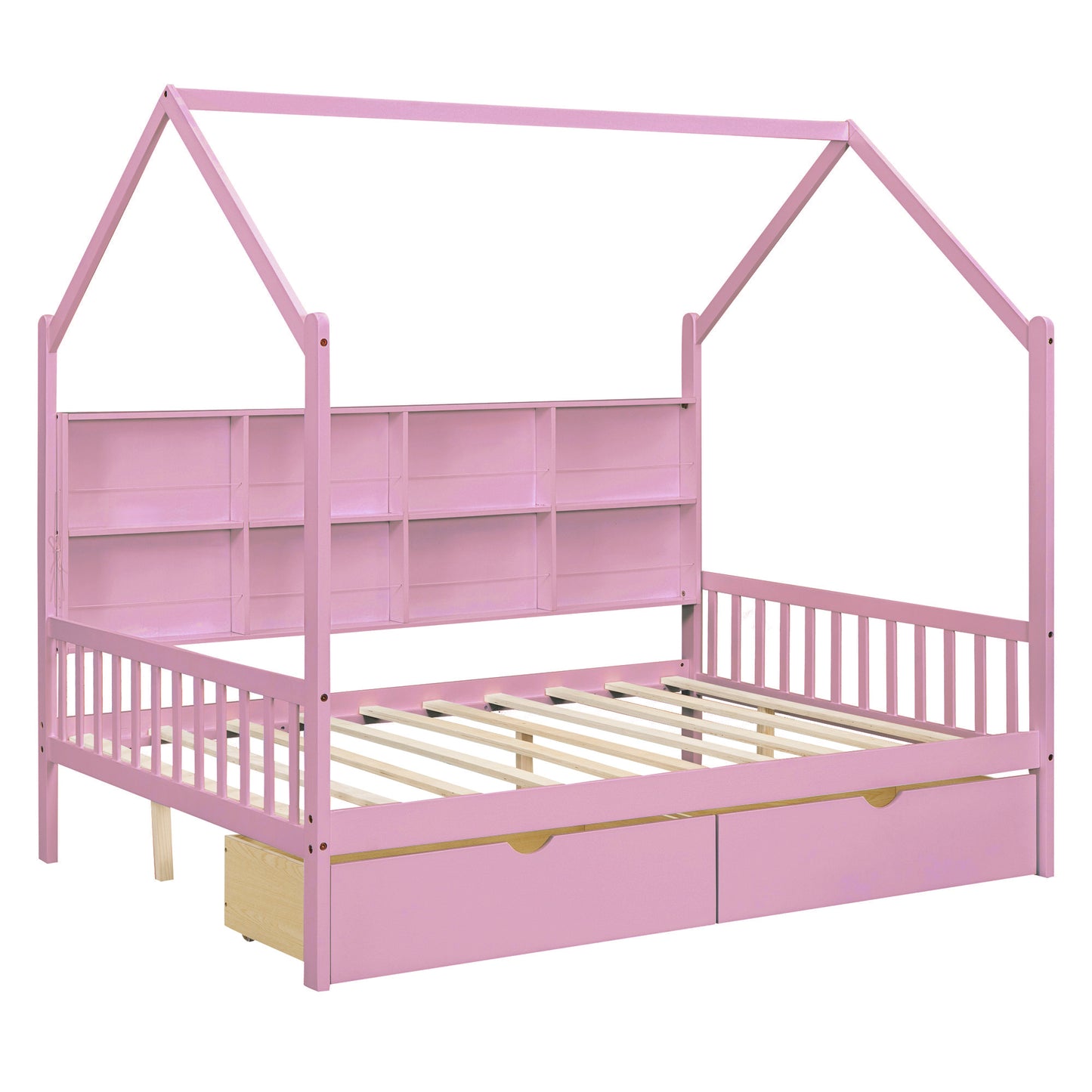 Wooden Full Size House Bed with 2 Drawers,Kids Bed with Storage Shelf, Pink