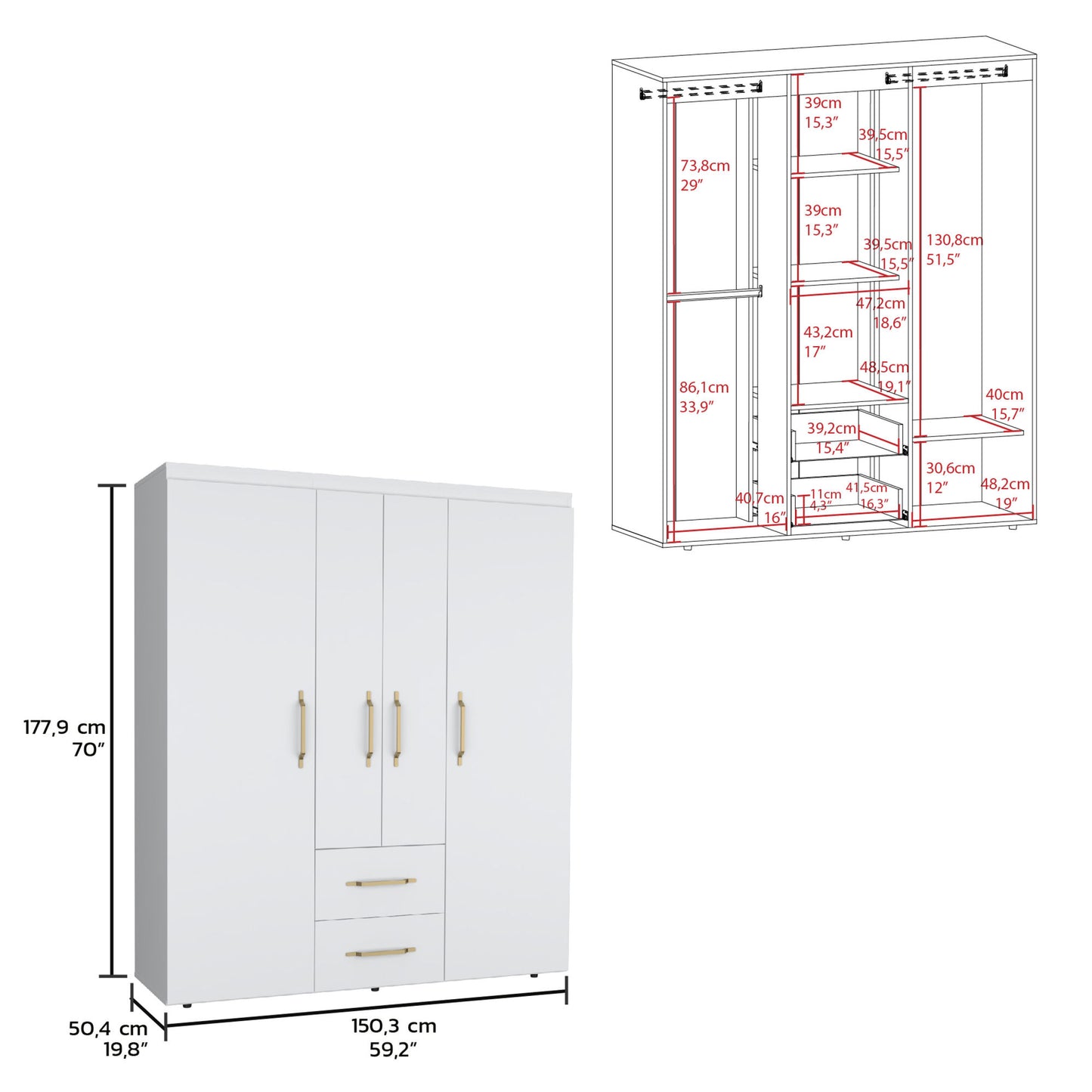 Bariloche Wardrobe with Hanging Rods, Shelves, and 2 Drawers in White