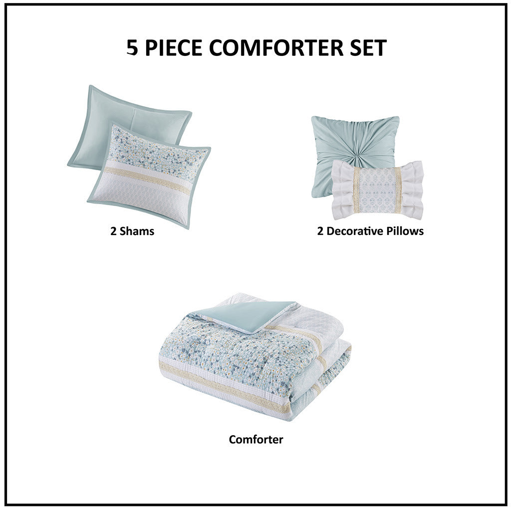 5 Piece Seersucker Comforter Set with Throw Pillows