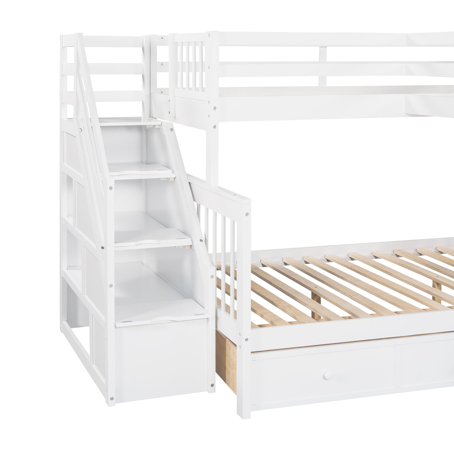 Twin over Full L-Shaped Bunk Bed With 3 Drawers, Ladder and Staircase