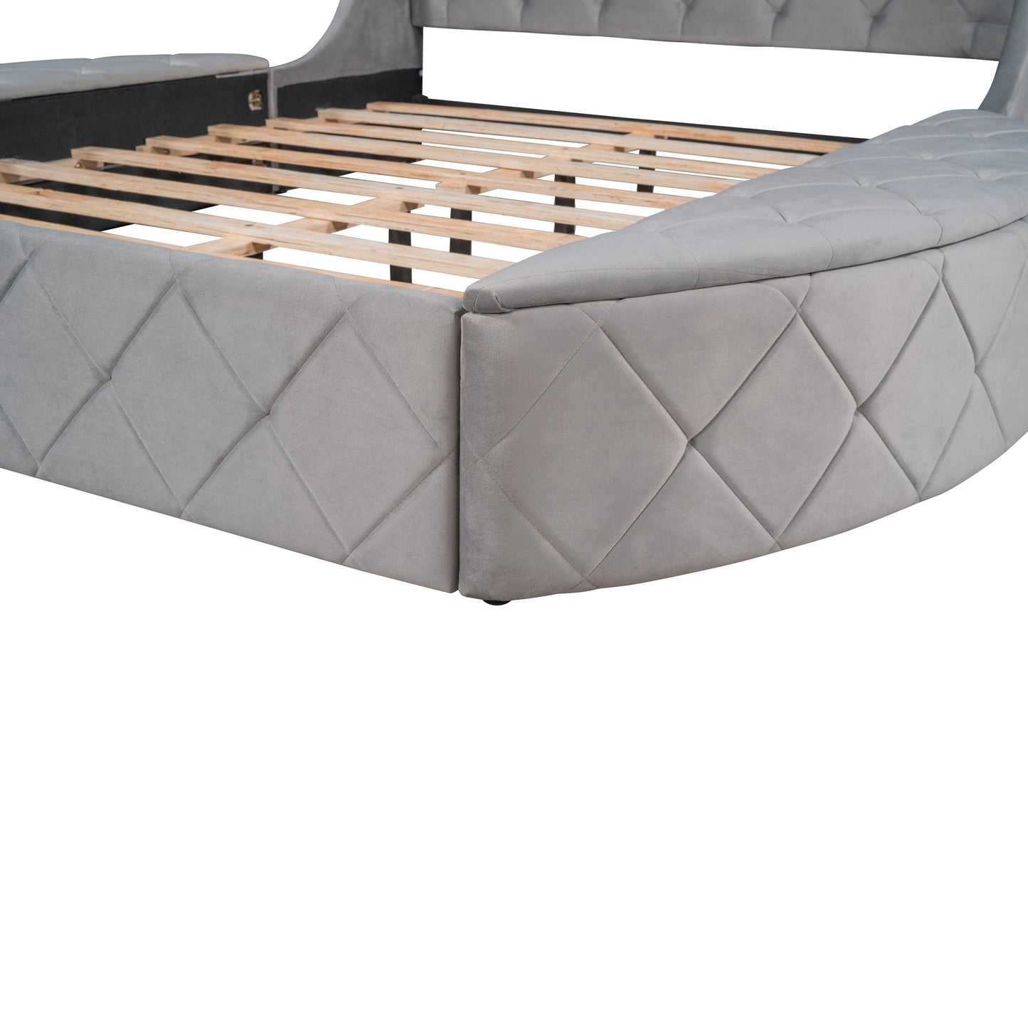 Upholstered Platform Bed Queen Size Storage Velvet Bed with Wingback Headboard and 1 Big Drawer; 2 Side Storage Stool