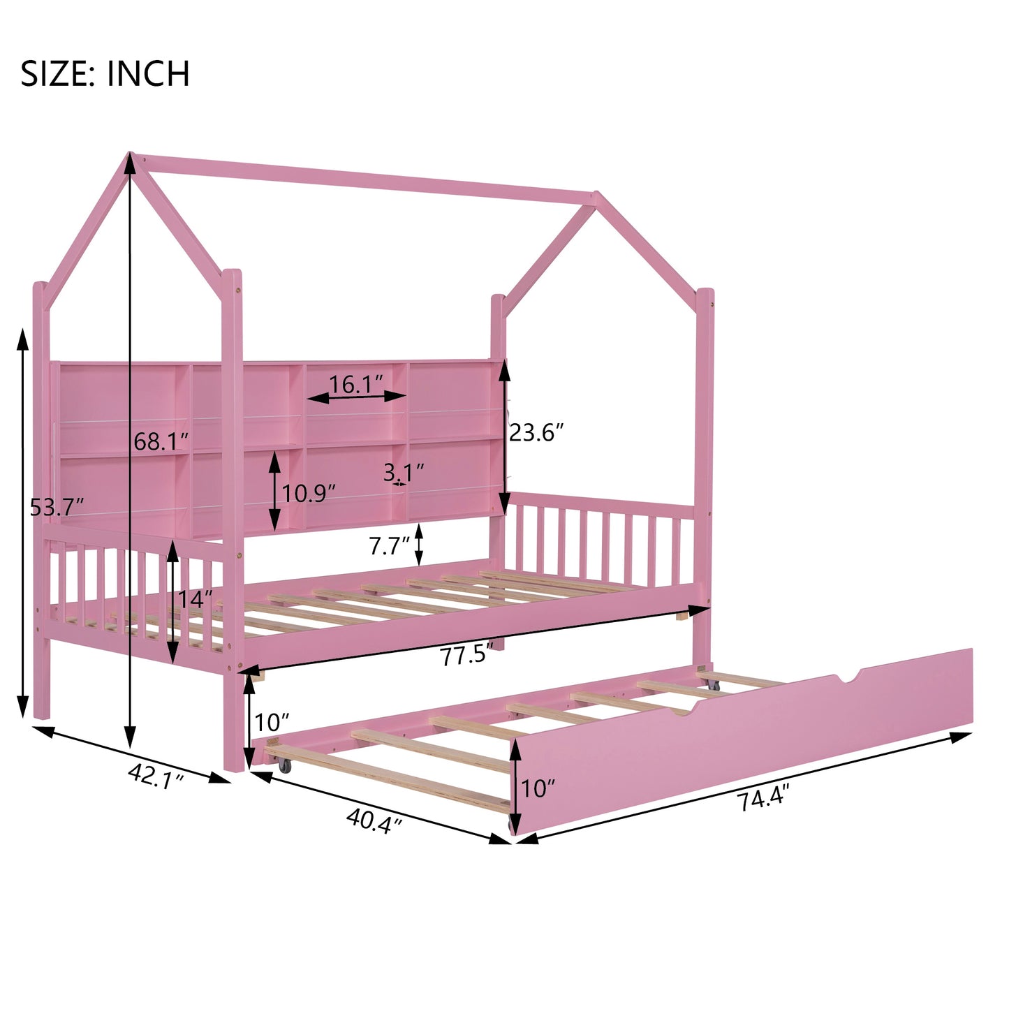 Wooden Twin Size House Bed with Trundle,Kids Bed with Shelf