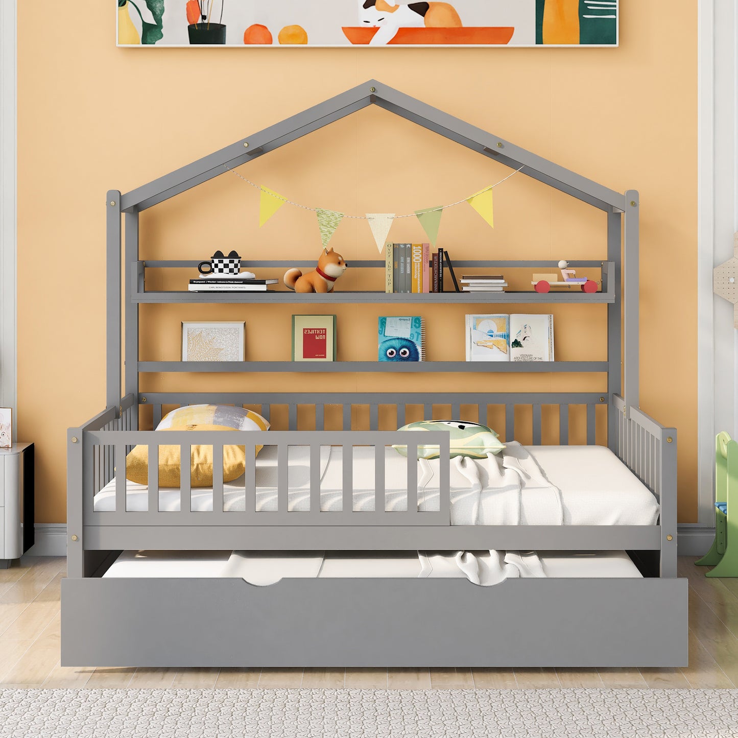 Wooden Full Size House Bed with Twin Size Trundle,Kids Bed with Shelf