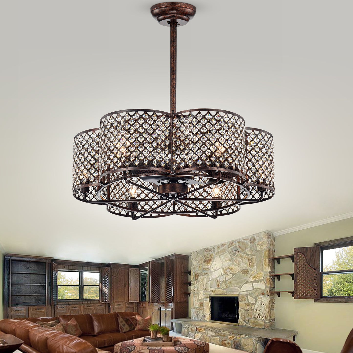 Linza 30-Inch Rustic Bronze & Crystal Fandelier Flower Lighted Ceiling Fan (Incl Remote Control)