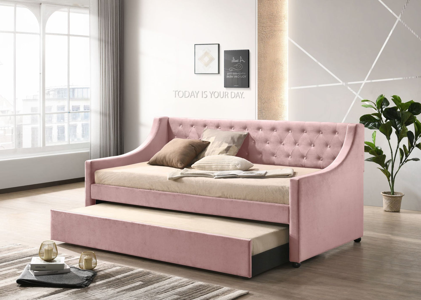 ACME Lianna Twin Daybed & Trundle, Pink Velvet 39380