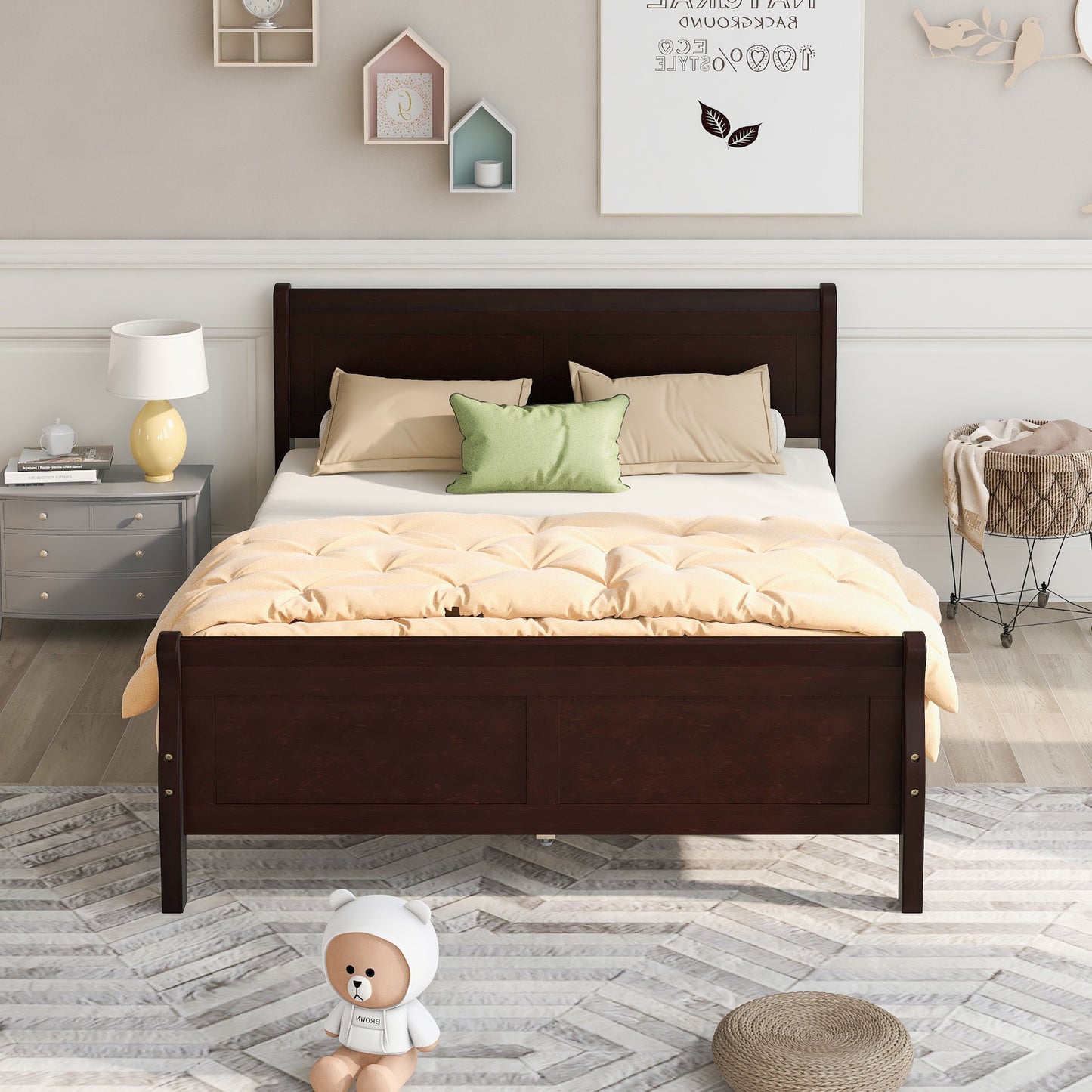 Queen Size Wood Platform Bed with Headboard and Wooden Slat Support