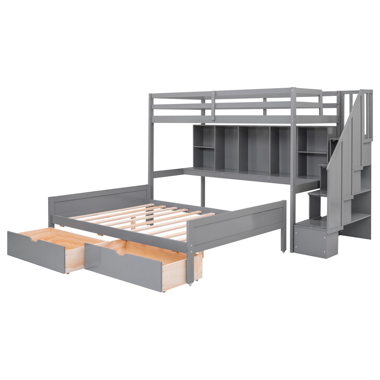 Twin XL over Full Bunk Bed with Built-in Storage Shelves;  Drawers and Staircase