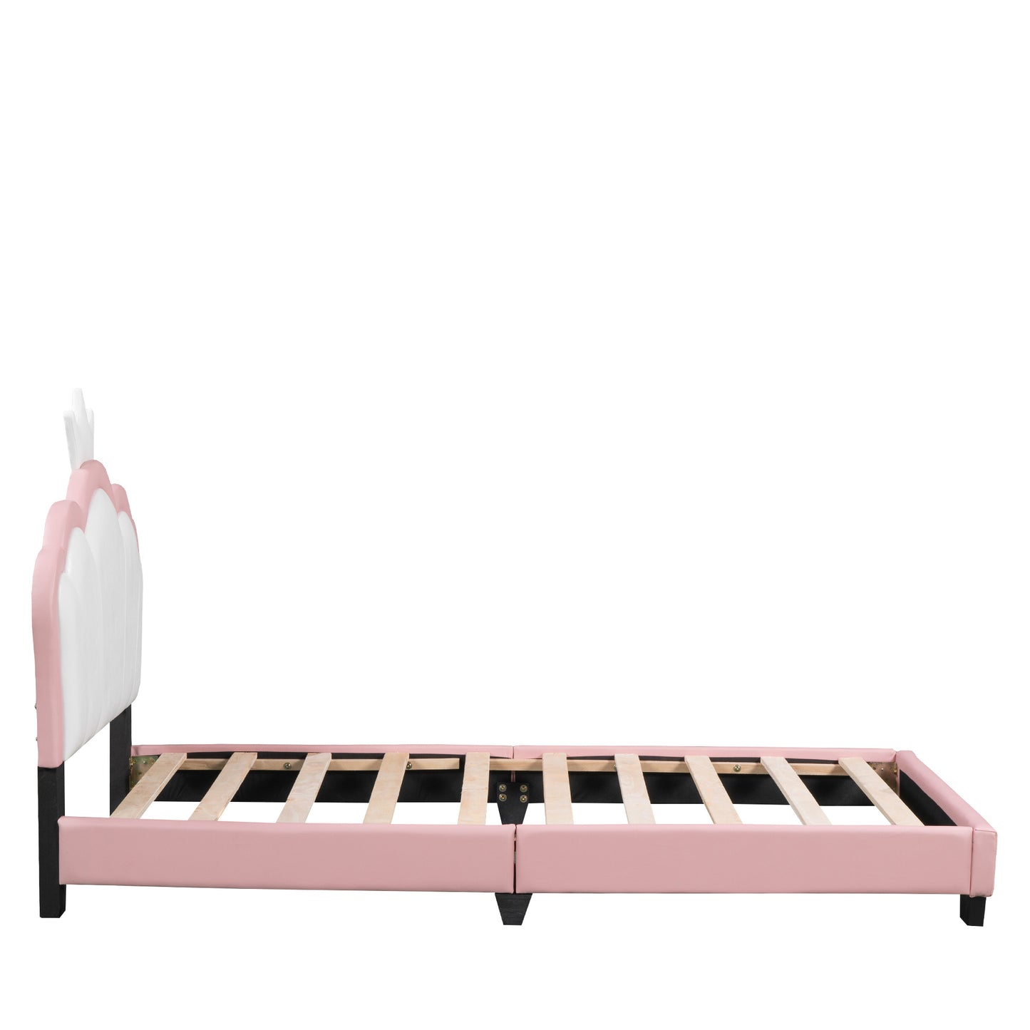 Twin size Upholstered Princess Bed With Crown Headboard,Full Size Platform Bed with Headboard and Footboard,White+Pink