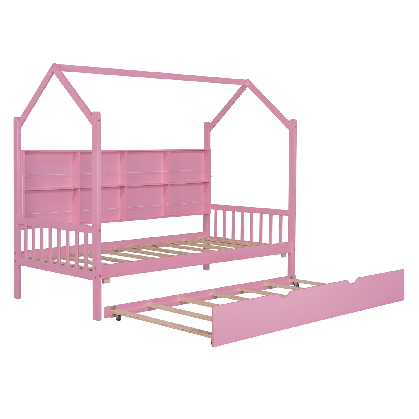 Wooden Twin Size House Bed with Trundle,Kids Bed with Shelf