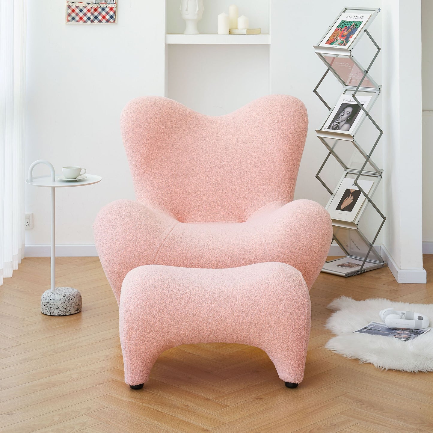 Whimsy High Back Sherpa Armchair with Footstool in Pink