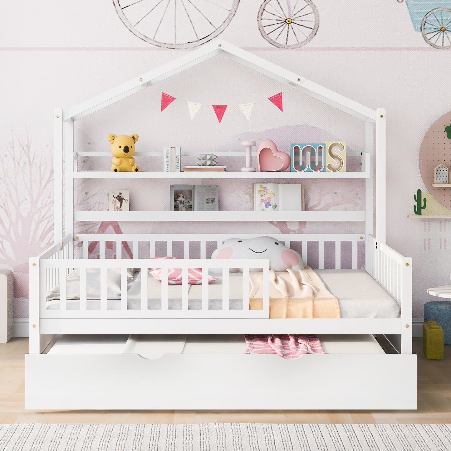 Wooden Full Size House Bed with Twin Size Trundle,Kids Bed with Shelf