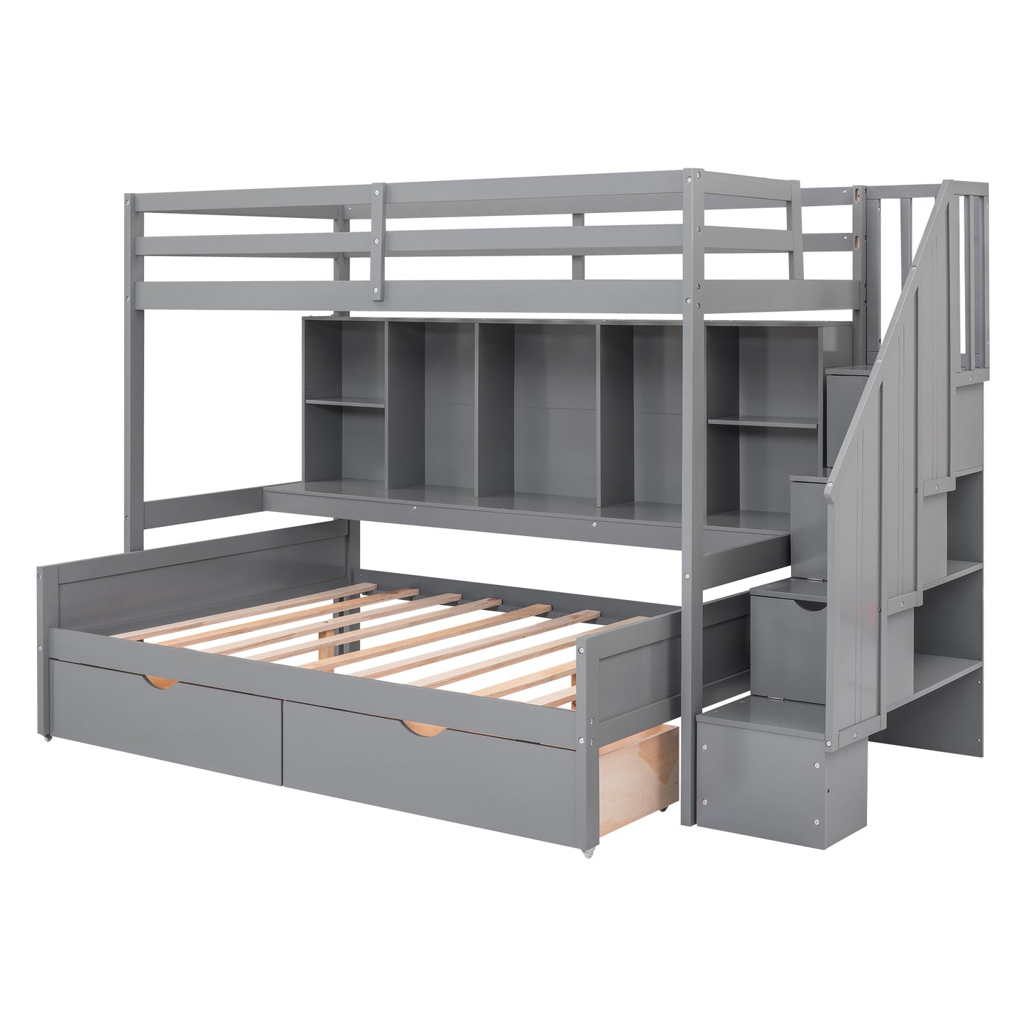 Twin XL over Full Bunk Bed with Built-in Storage Shelves;  Drawers and Staircase