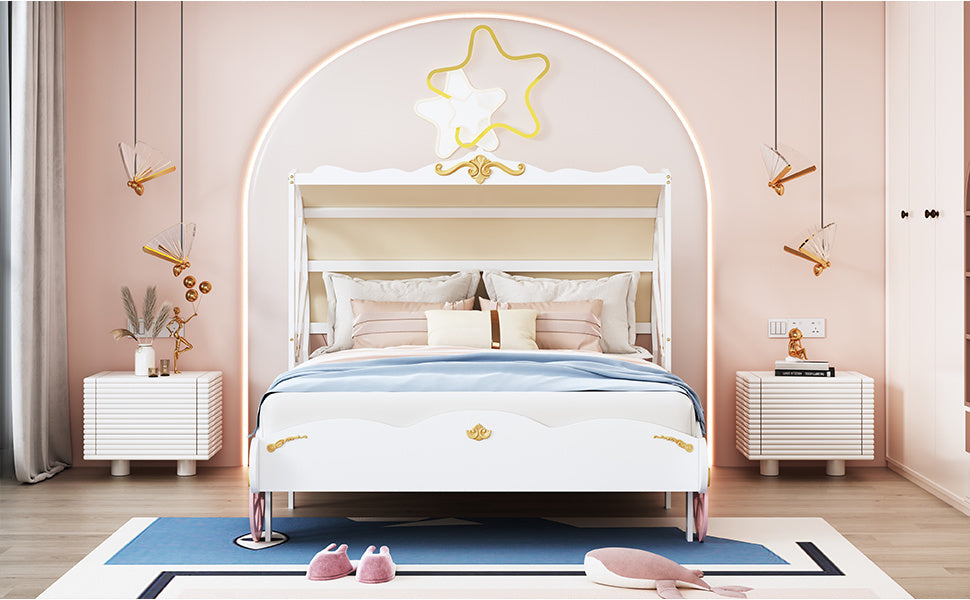 Full Size Princess Carriage Bed with Canopy, Wood Platform Car Bed with 3D Carving Pattern, White+Pink+Gold