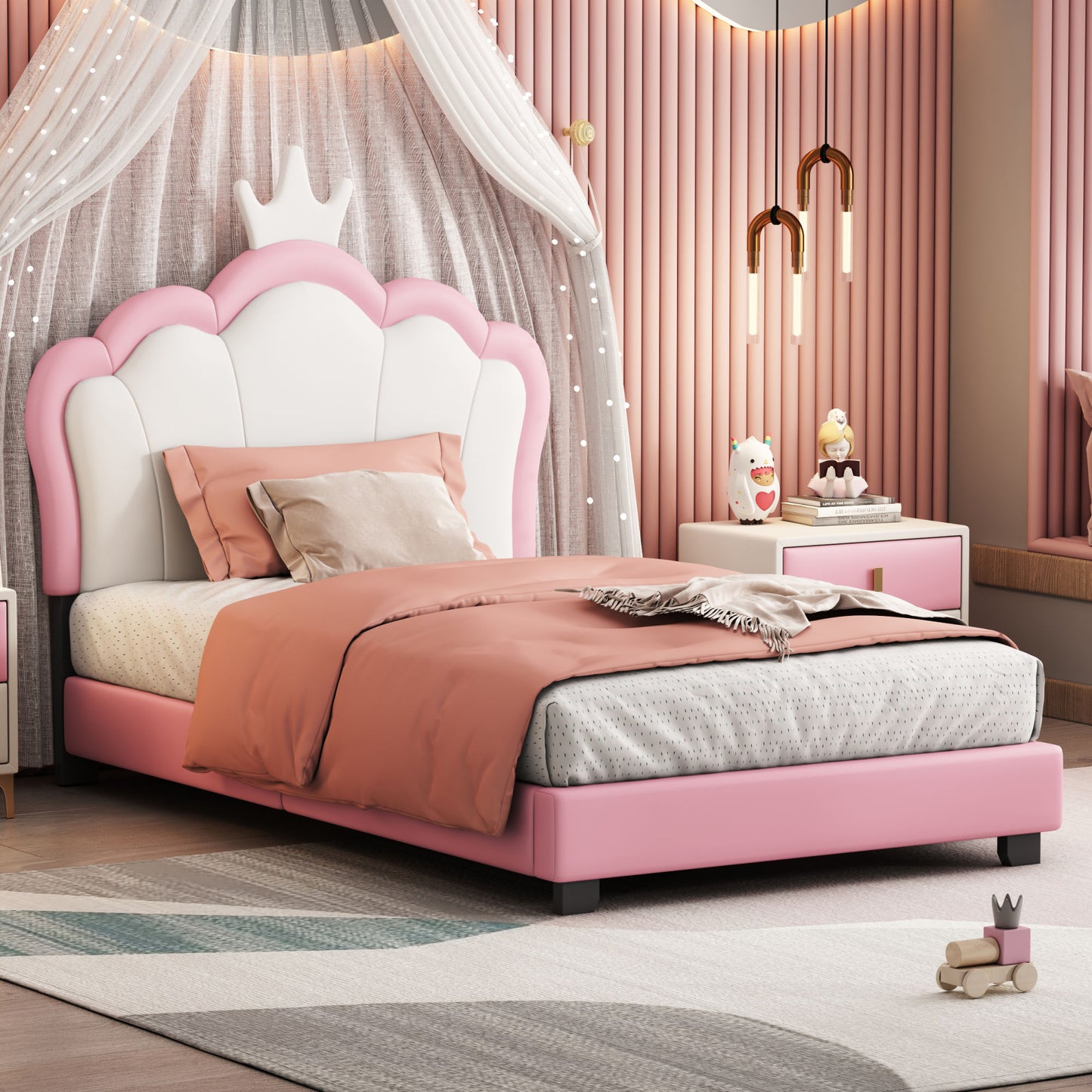 Twin size Upholstered Princess Bed With Crown Headboard,Full Size Platform Bed with Headboard and Footboard,White+Pink