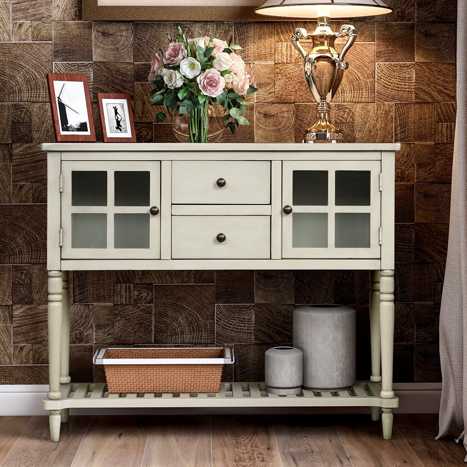 Sideboard Console Table with Bottom Shelf, Farmhouse Wood/Glass Buffet Storage Cabinet Living Room - Divine Heart L.A.