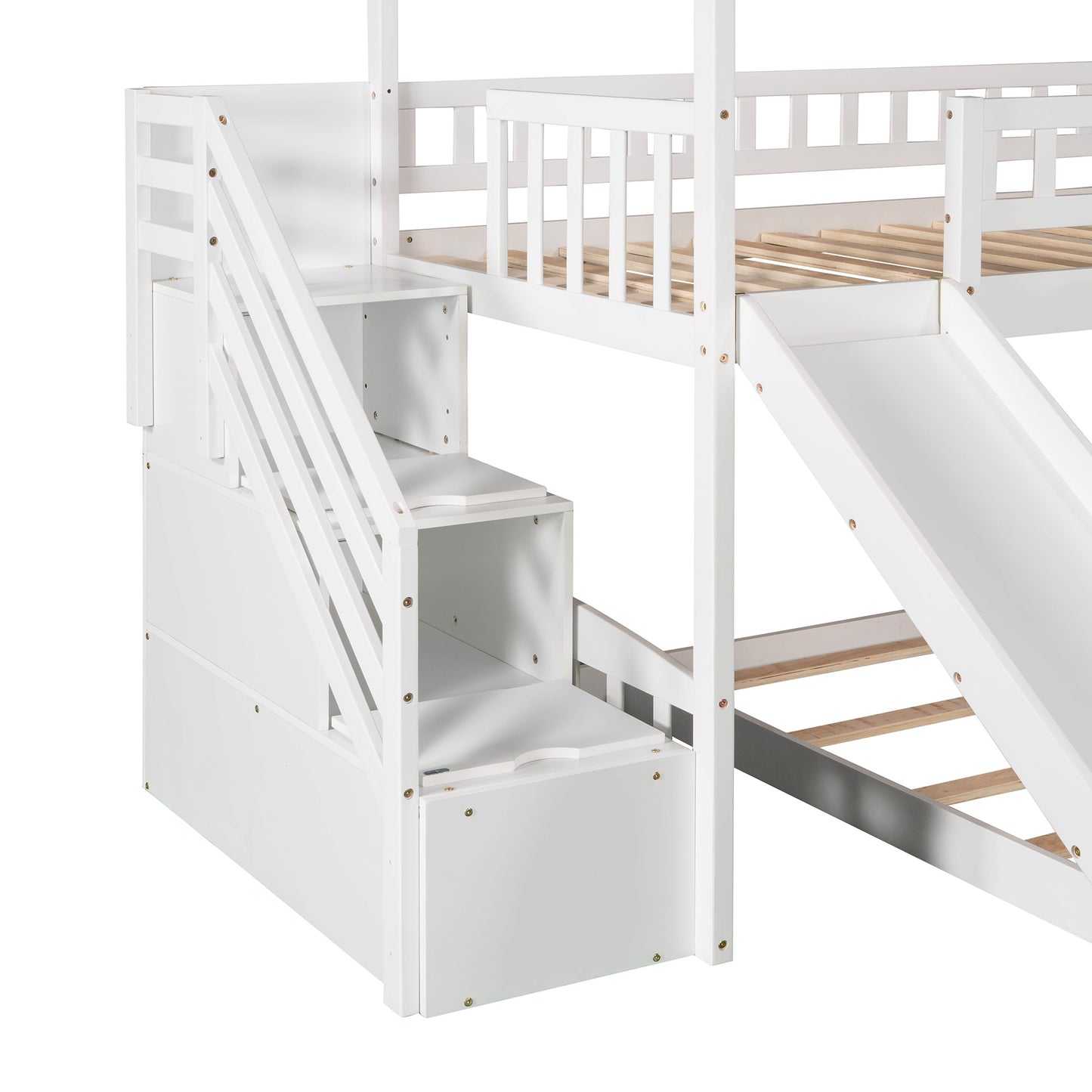 Twin Over Twin Bunk Bed with Two Drawers and Slide, House Bed with Slide