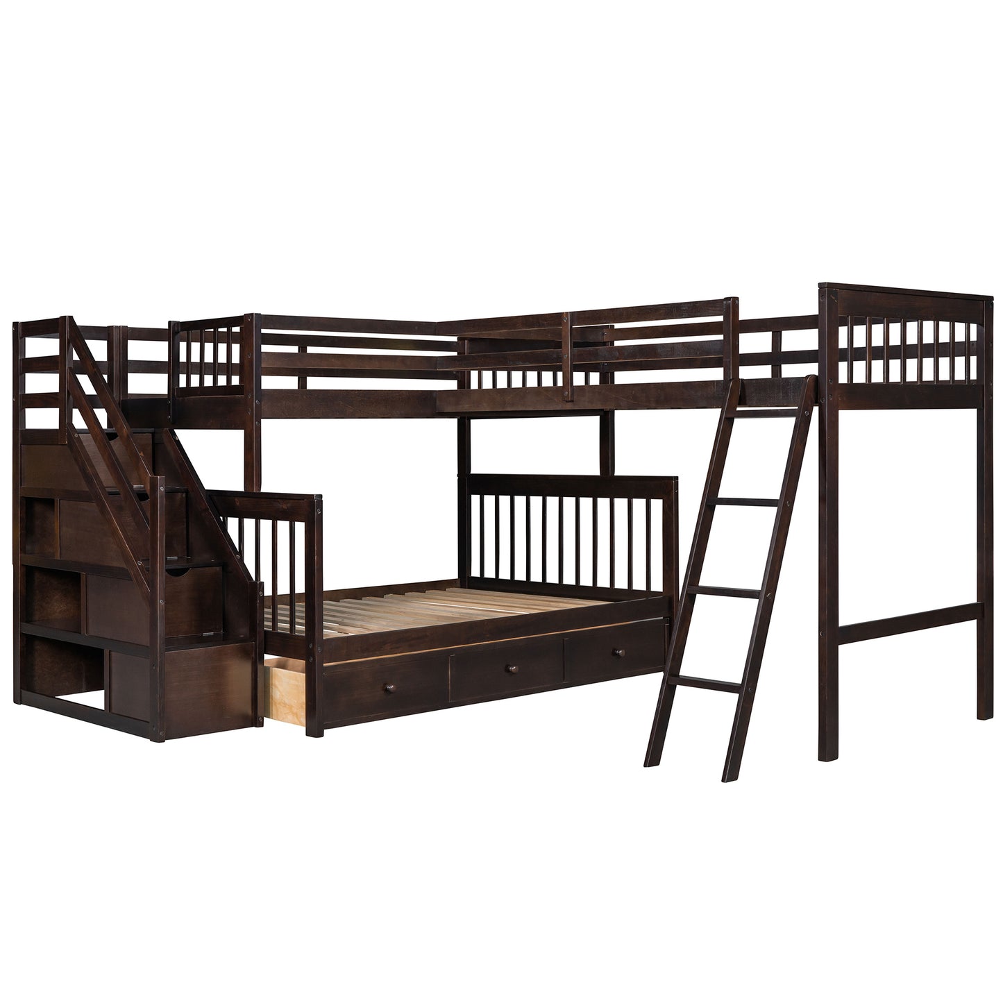 Twin over Full L-Shaped Bunk Bed With 3 Drawers, Ladder and Staircase