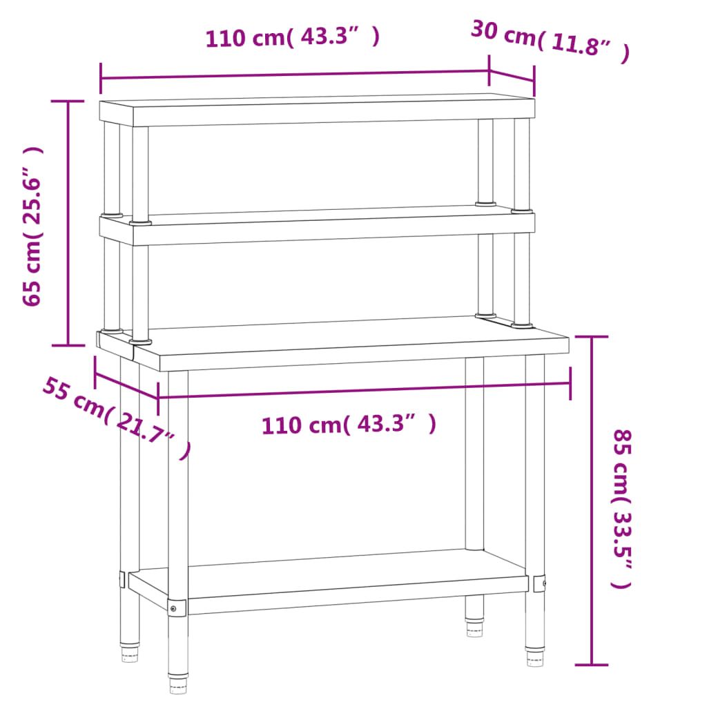 Kitchen Work Table with Overshelf 43.3"x21.7"x59.1" Stainless Steel