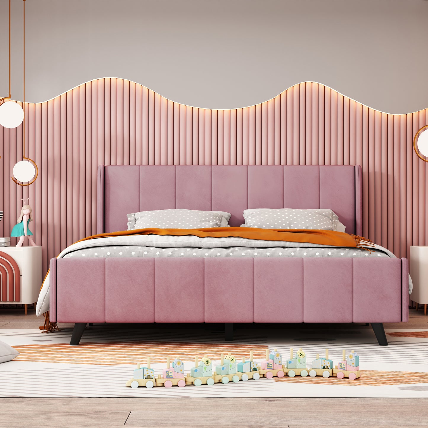 Queen Size Upholstered Platform Bed, Velvet, Pink