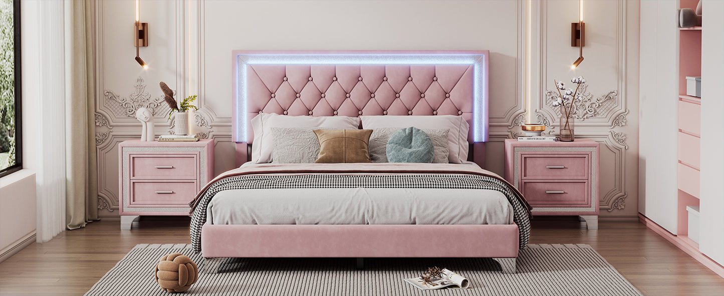 Queen Size Upholstered Bed Frame with LED Lights,Modern Velvet Platform Bed with Tufted Headboard,Pink