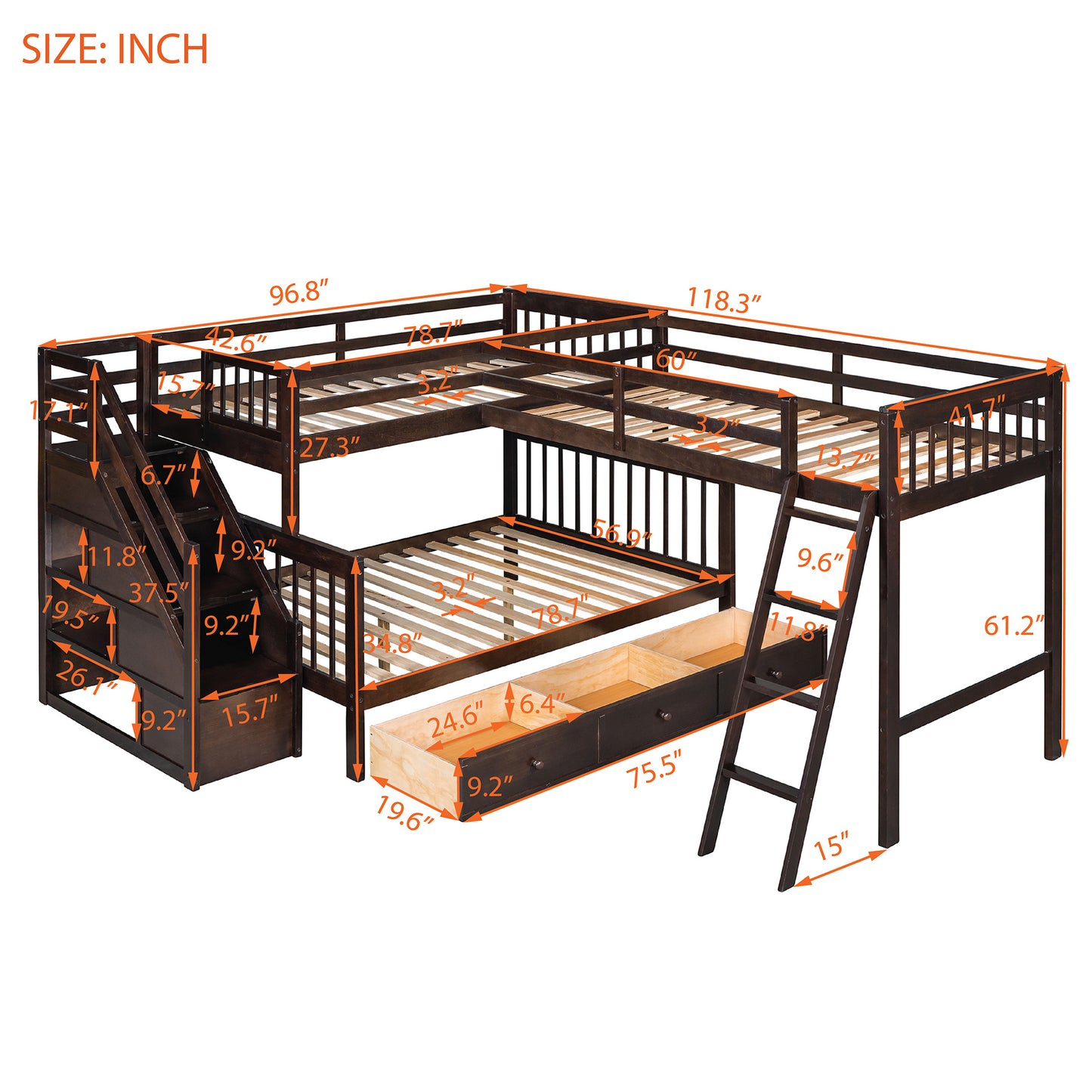 Twin over Full L-Shaped Bunk Bed With 3 Drawers, Ladder and Staircase