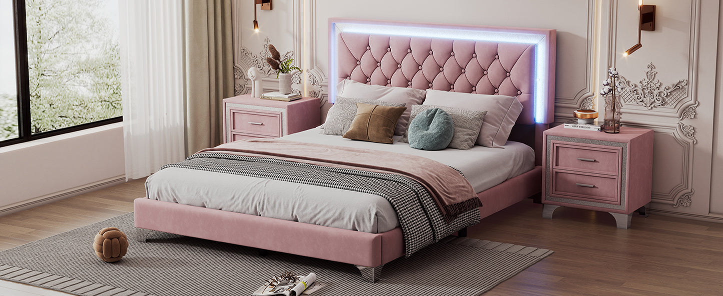 Queen Size Upholstered Bed Frame with LED Lights,Modern Velvet Platform Bed with Tufted Headboard,Pink