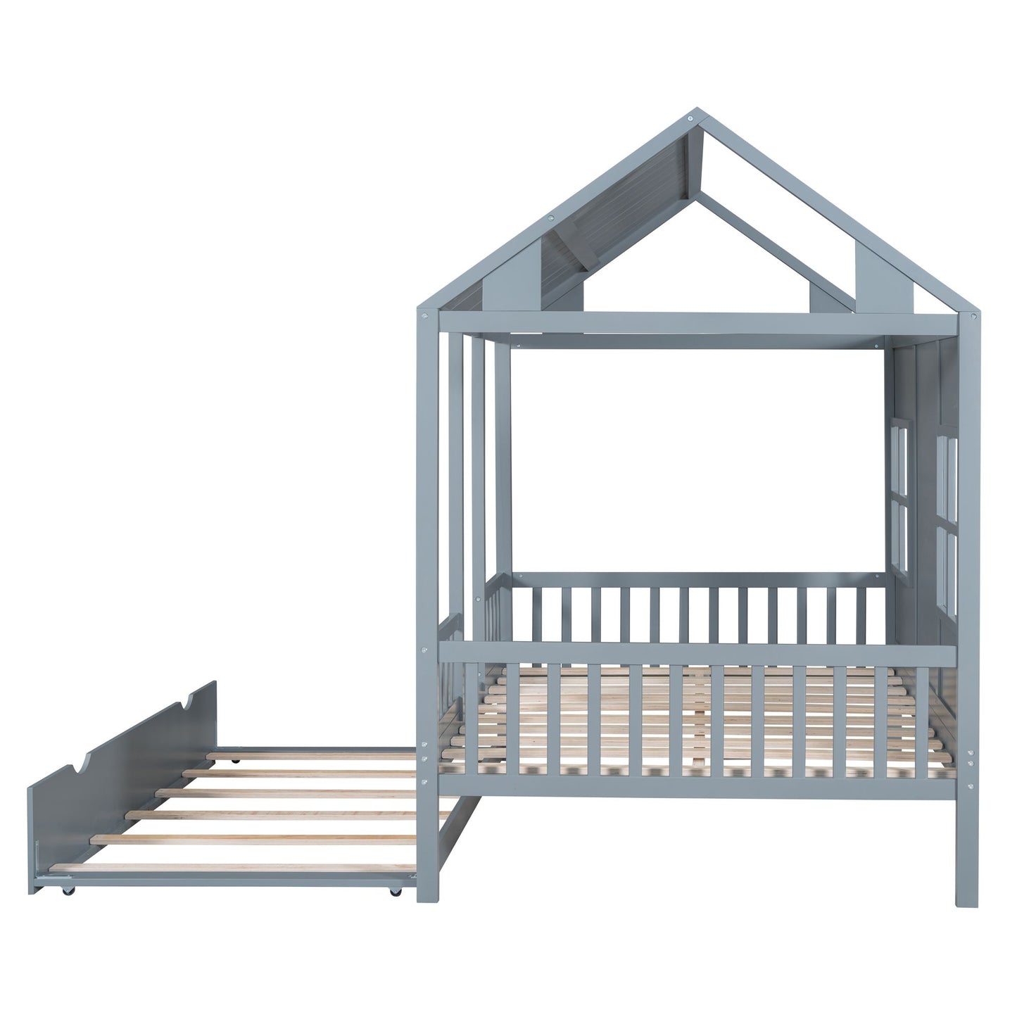 Full Size Wood House Bed With Twin Size Trundle