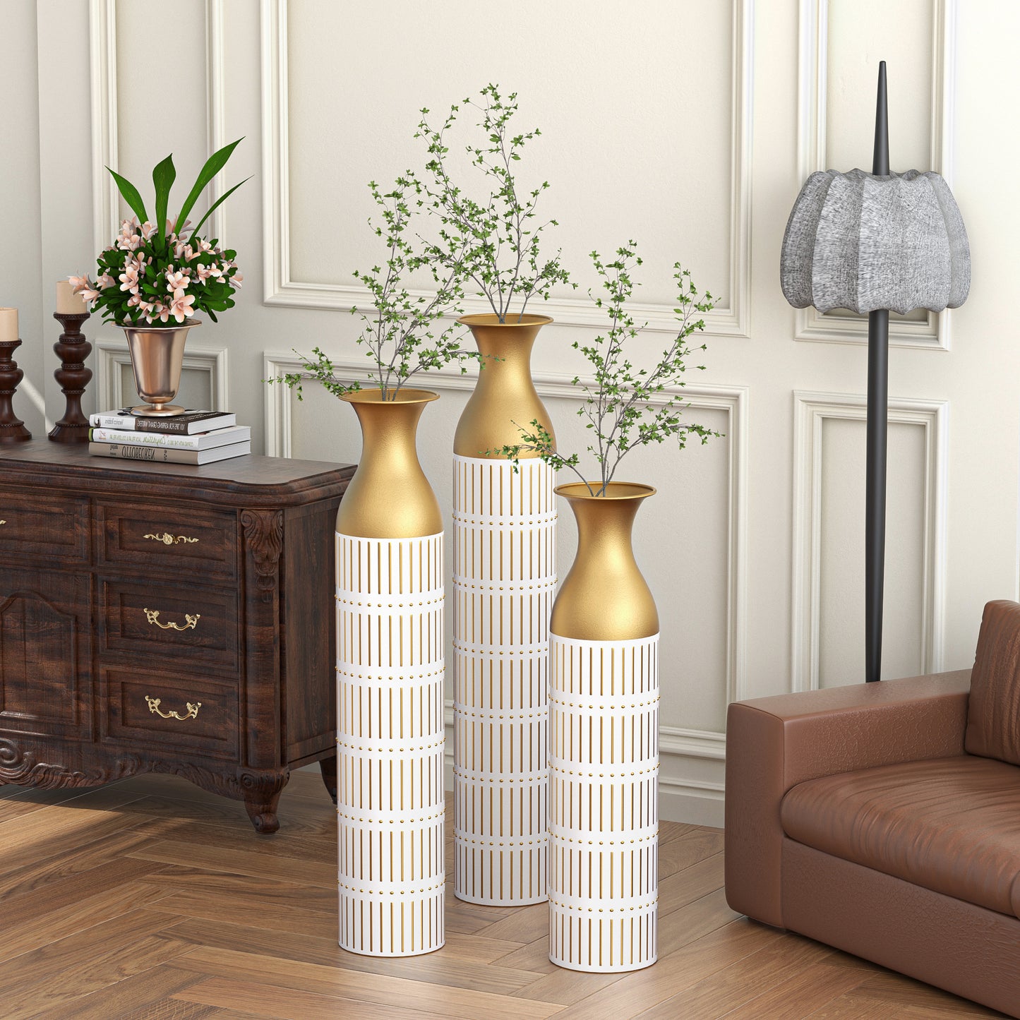 Set of 3 Glazed Metal Floor Vases