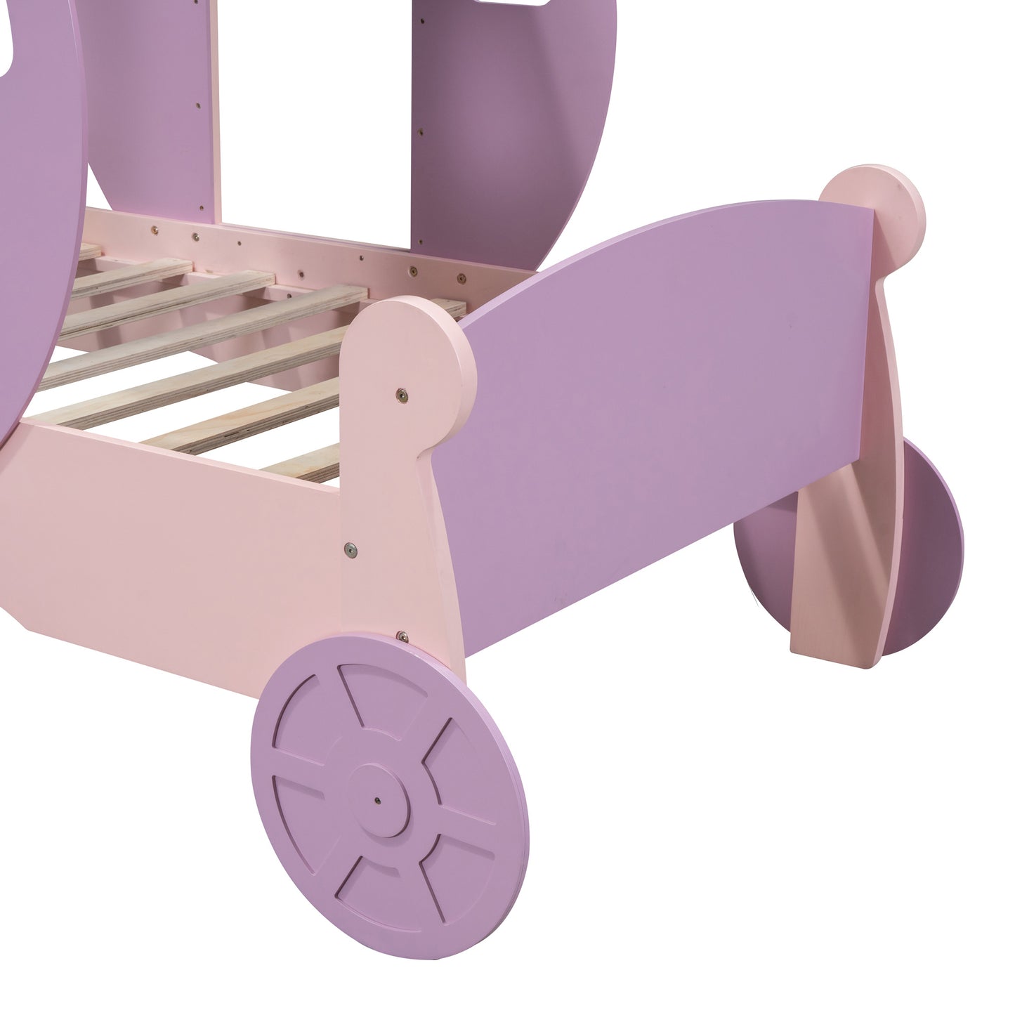 Twin size Princess Carriage Bed with Crown,Wood Platform Car Bed with Stair,Purple+Pink