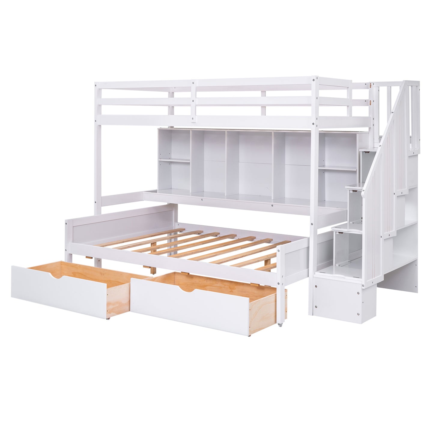 Twin XL over Full Bunk Bed with Built-in Storage Shelves;  Drawers and Staircase