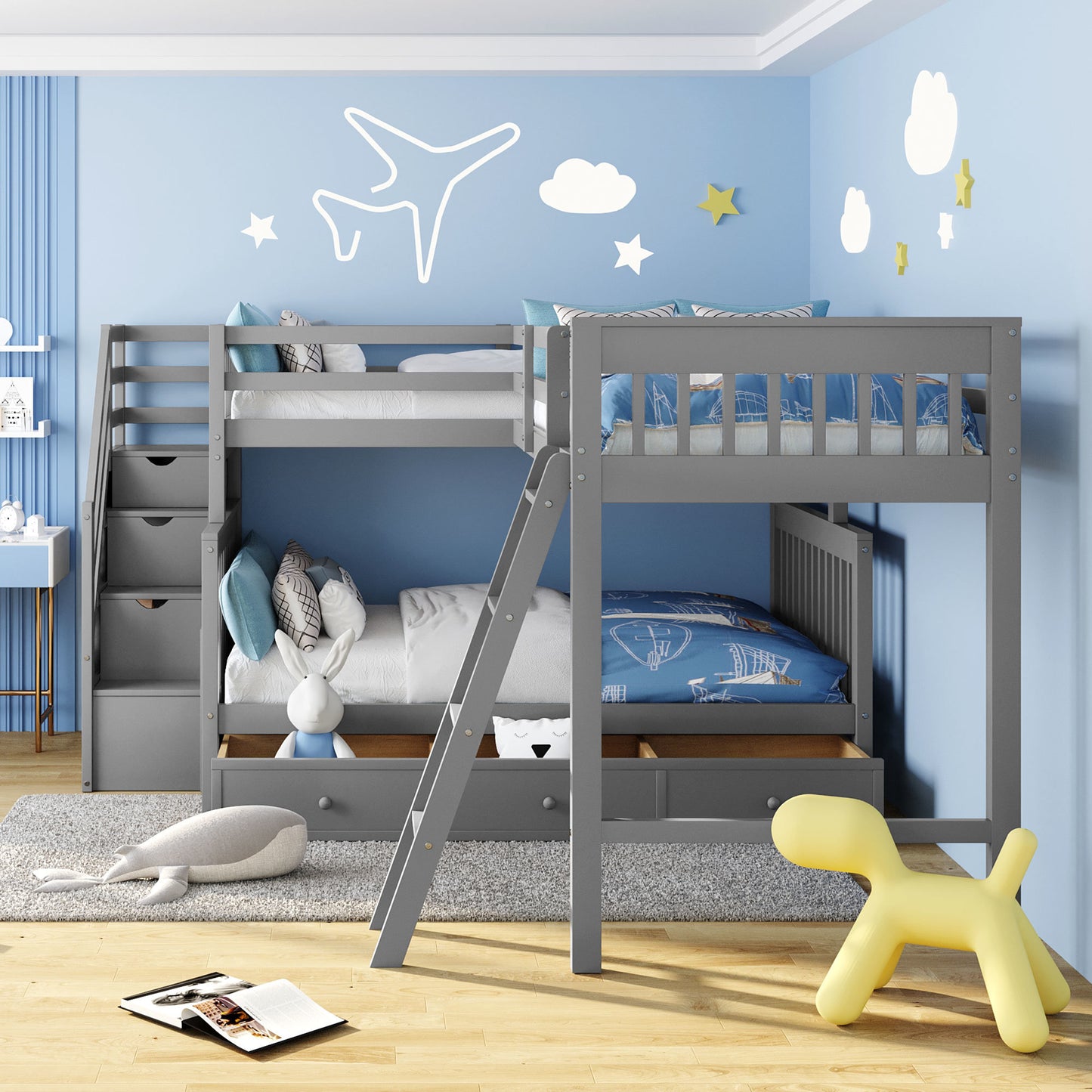 Twin over Full L-Shaped Bunk Bed With 3 Drawers, Ladder and Staircase