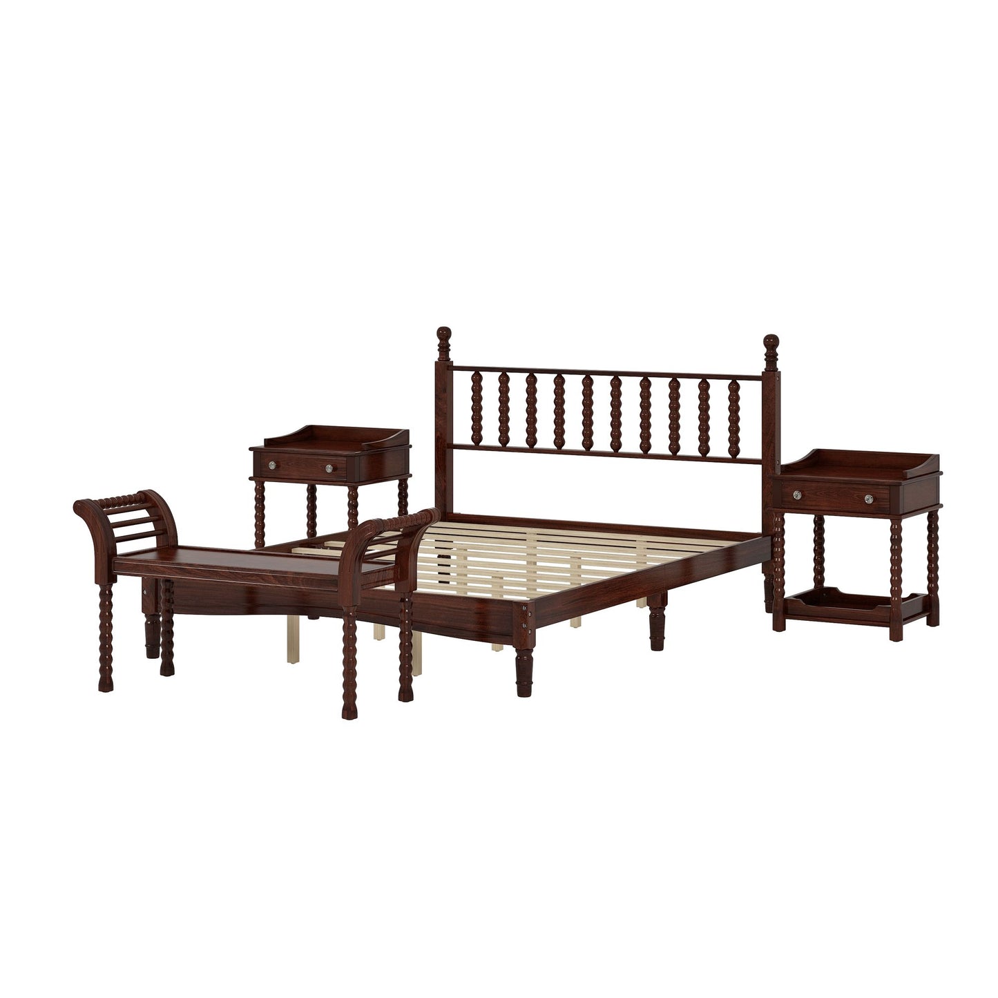 4 Pc. Queen Platform Bedroom Suite with Gourd Shaped Headboard, Storage Nightstand and Bench with Turned Legs in Walnut