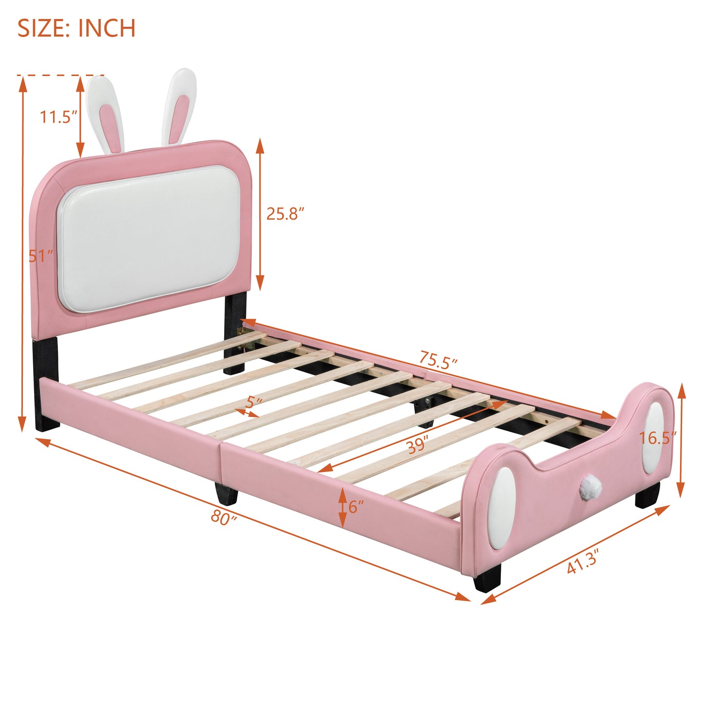 Twin size Upholstered Rabbit-Shape Princess Bed ,Twin Size Platform Bed with Headboard and Footboard,White+Pink