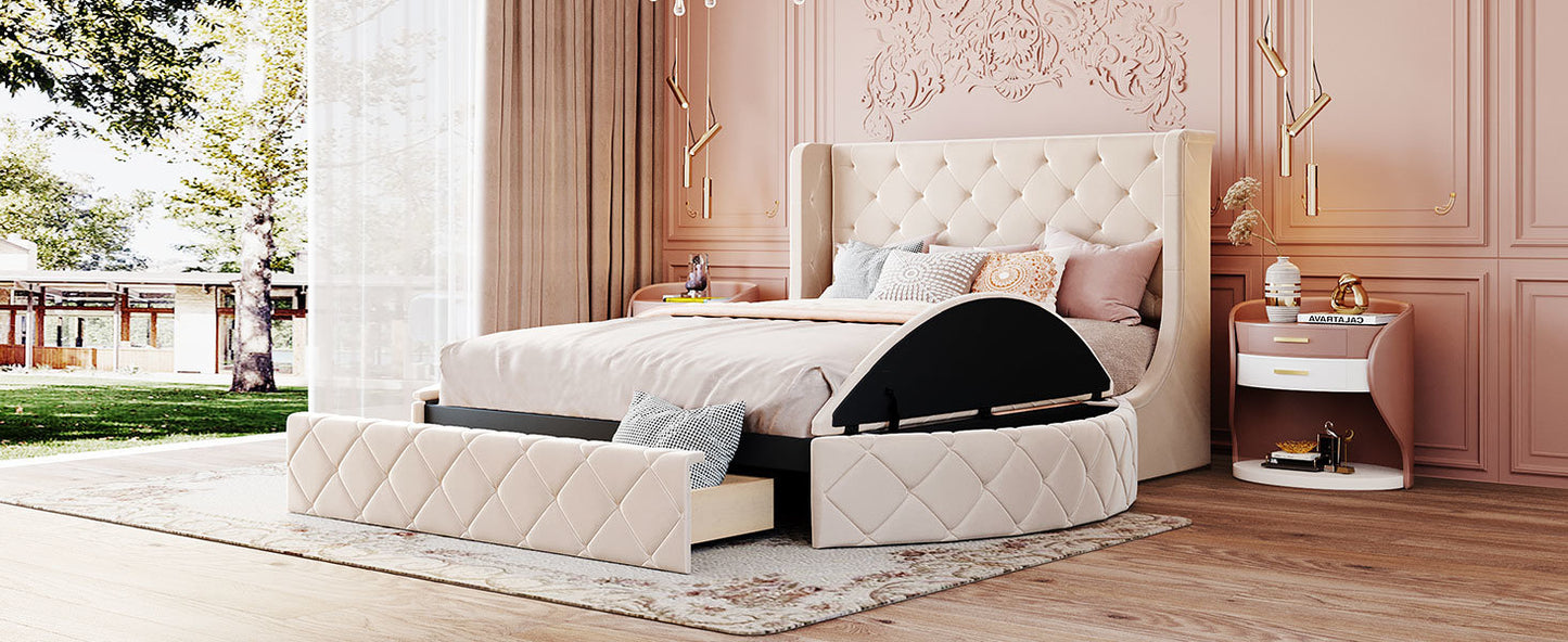 Upholstered Platform Bed Queen Size Storage Velvet Bed with Wingback Headboard and 1 Big Drawer; 2 Side Storage Stool