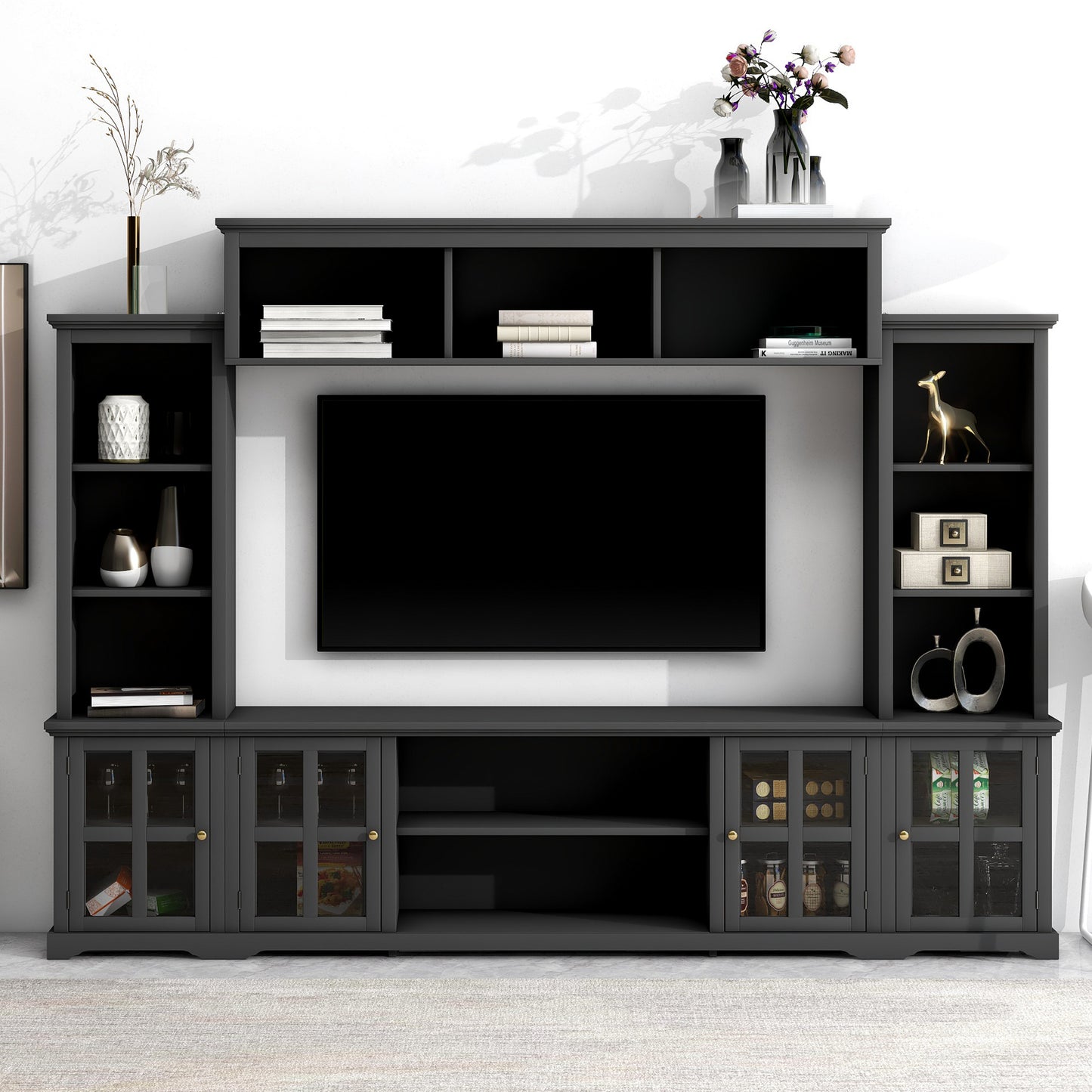 [VIDEO provided] ON-TREND Minimalism Entertainment Wall Unit with Bridge, Modern TV Console Table for TVs Up to 70", Multifunctional TV Stand with Tempered Glass Door, Black (Old SKU: SD000009AAB)