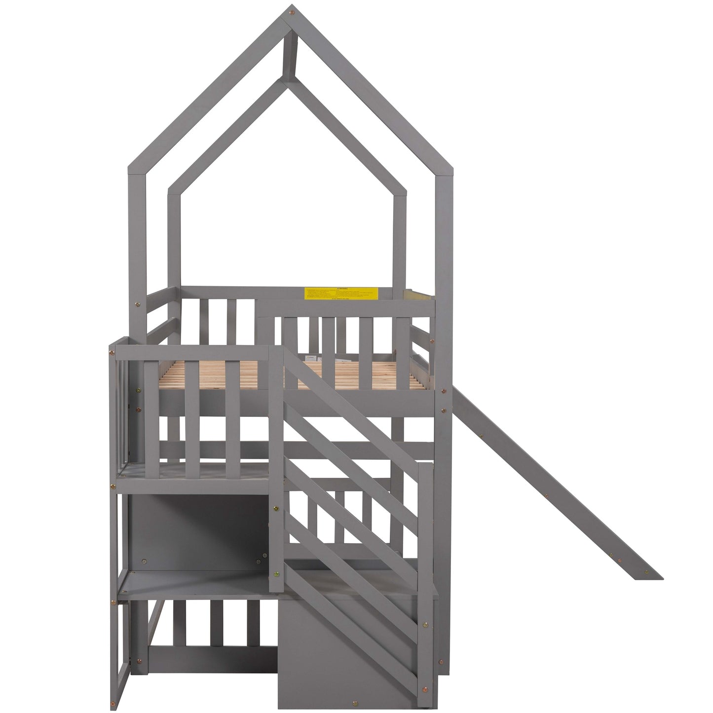 Twin over Twin House Bunk Bed with Convertible Slide; Storage Staircase