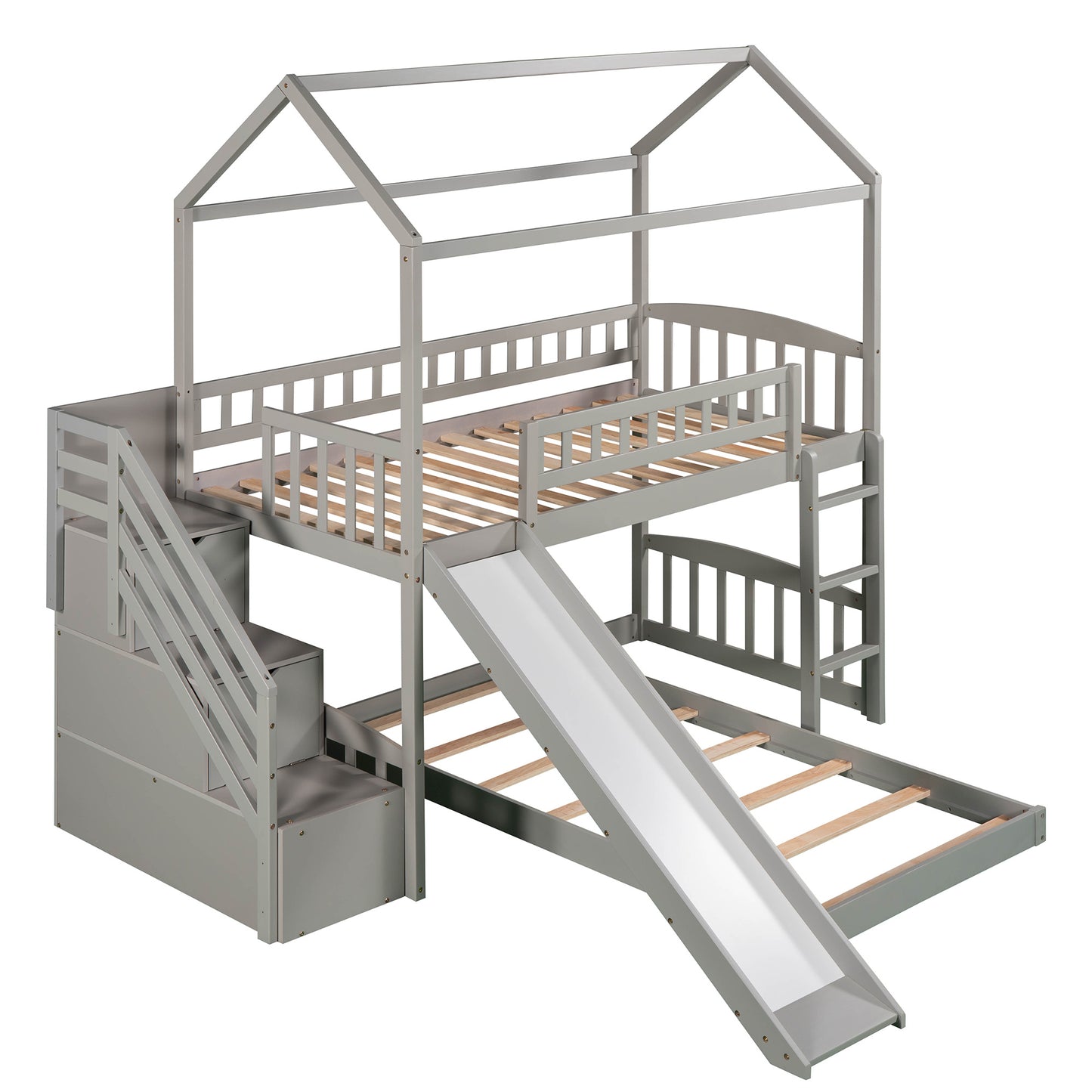 Twin Over Twin Bunk Bed with Two Drawers and Slide, House Bed with Slide